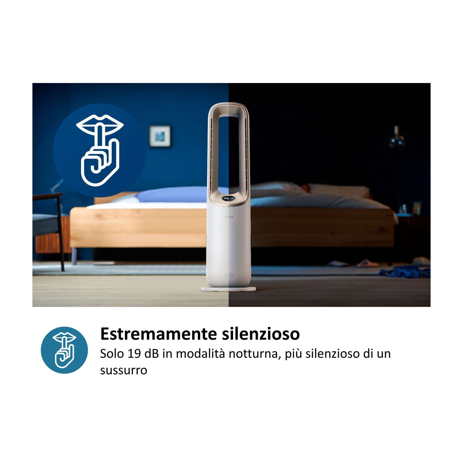 Un ventilatore alto e sottile accanto a un letto. Un simbolo mostra una mano con un dito sulle labbra.