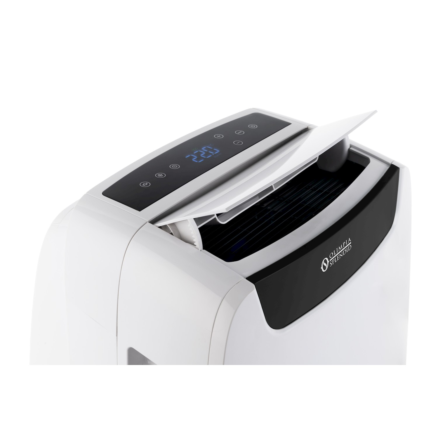 Un deumidificatore bianco con pannello di controllo nero e display digitale.