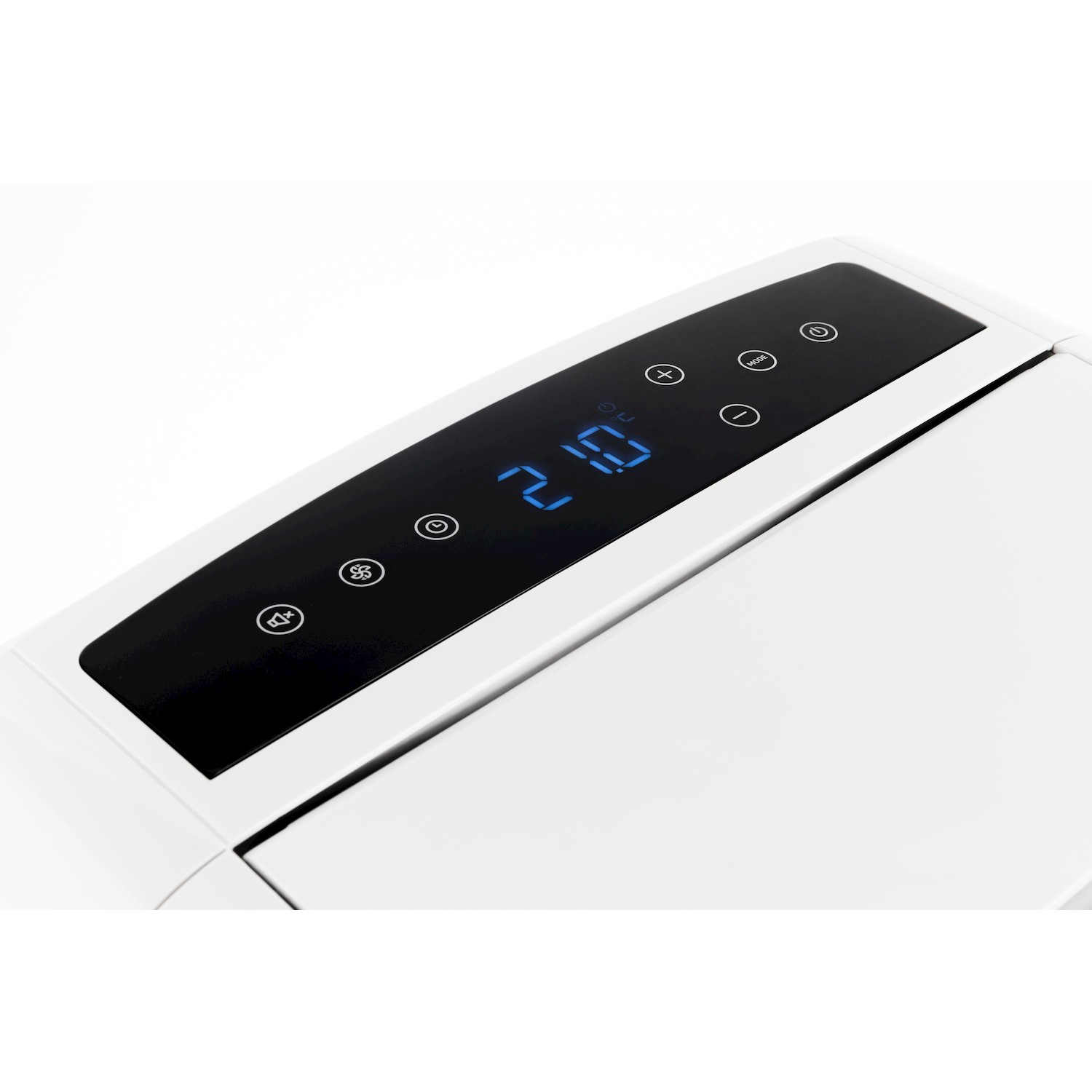 Un dispositivo bianco con display digitale 21.0 e pulsanti per modalità, accensione e ventola.