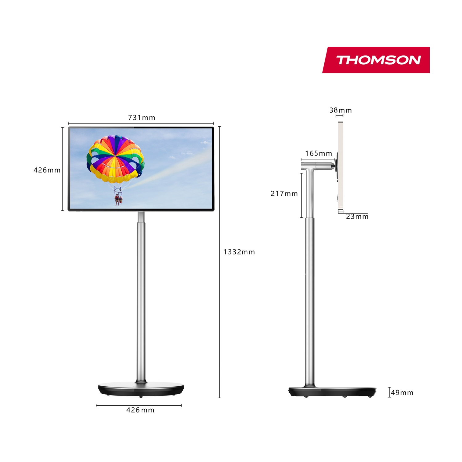 Supporto TV con dimensioni e immagine di parasailing.