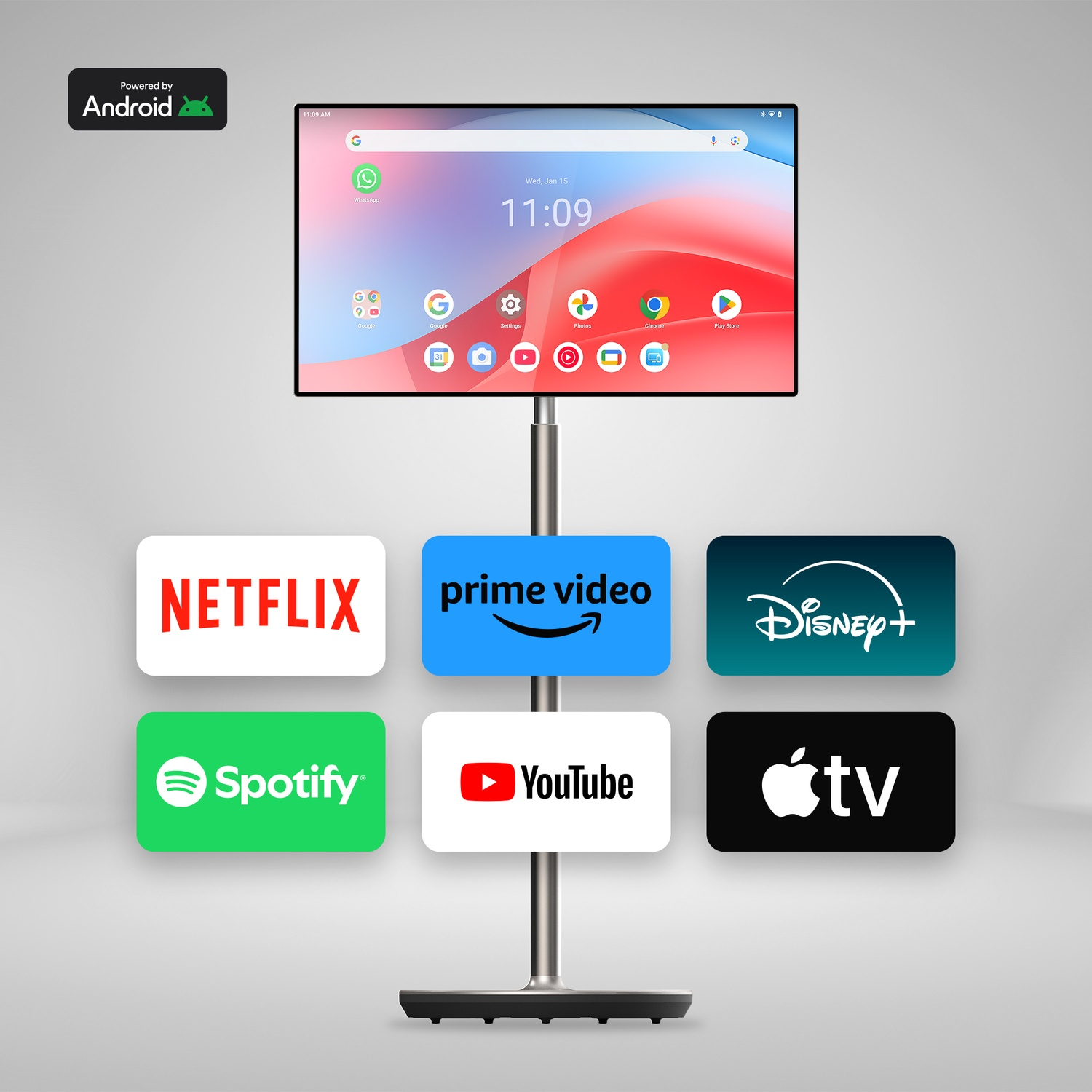 Un tablet Android che mostra vari loghi di app di streaming: Netflix, Prime Video, Disney+.