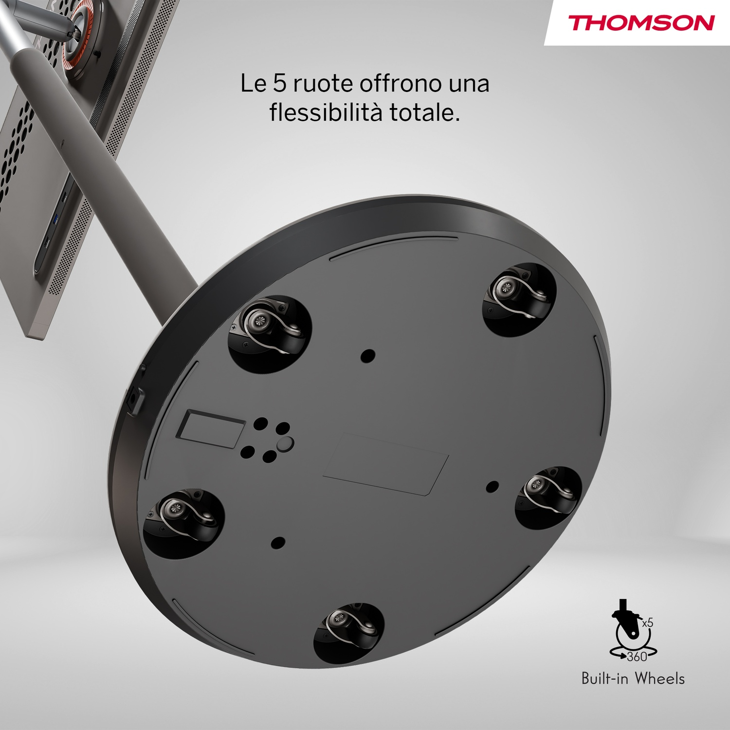 Una base grigia con cinque ruote integrate, con icona 'Ruote integrate'.