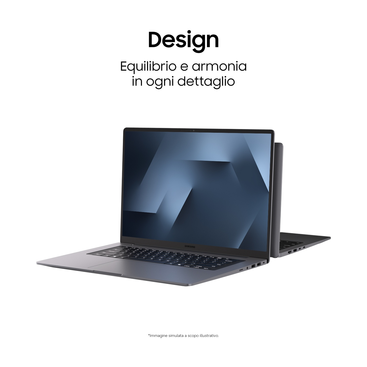 Un laptop Samsung grigio con sfondo blu su sfondo bianco.