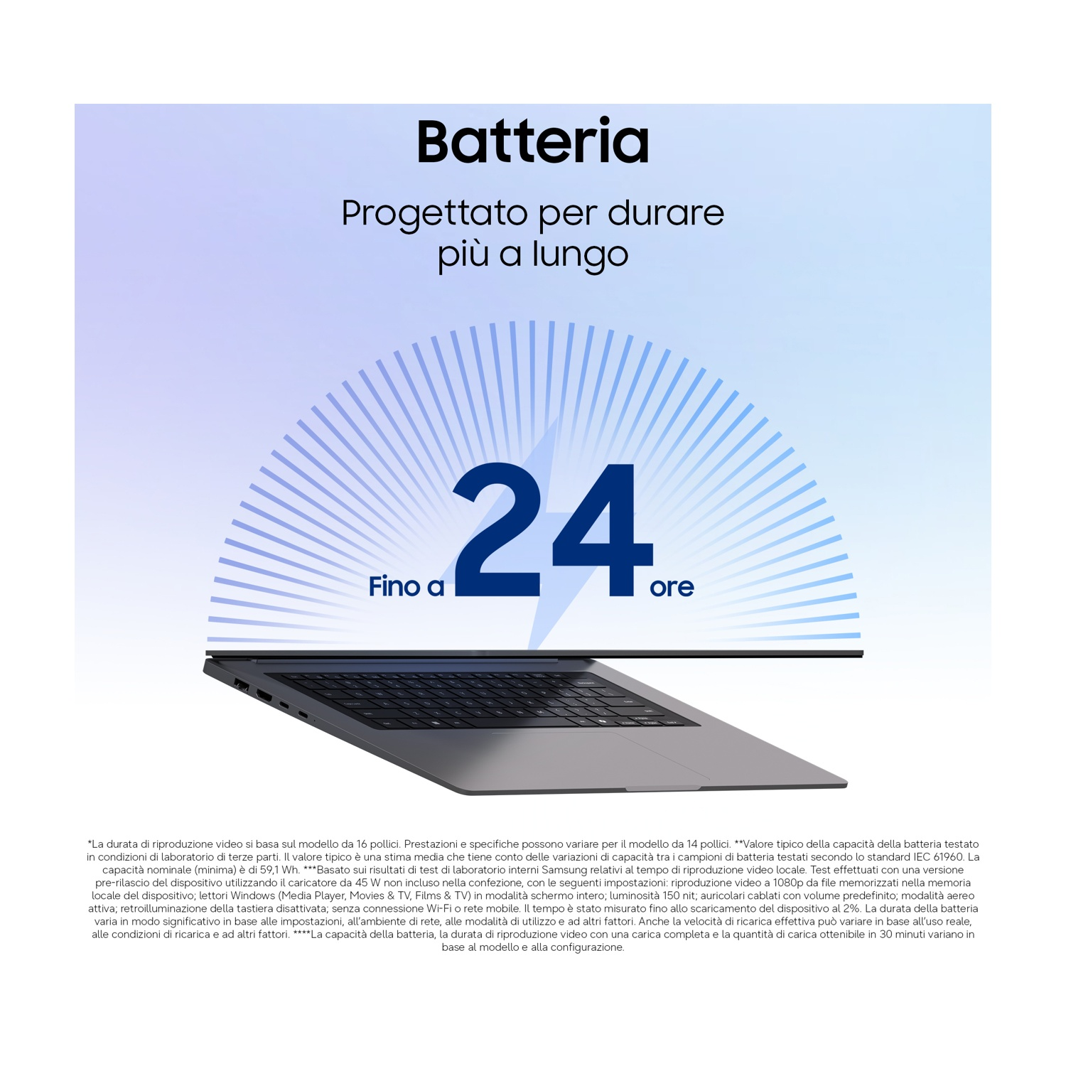 Un laptop con indicatore batteria che mostra fino a 24 ore.