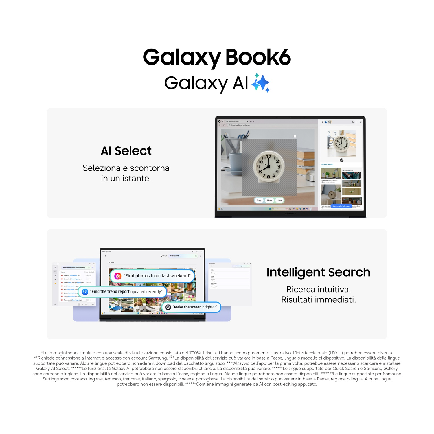 Samsung Galaxy Book6 con funzioni AI per fotoritocco e ricerca.