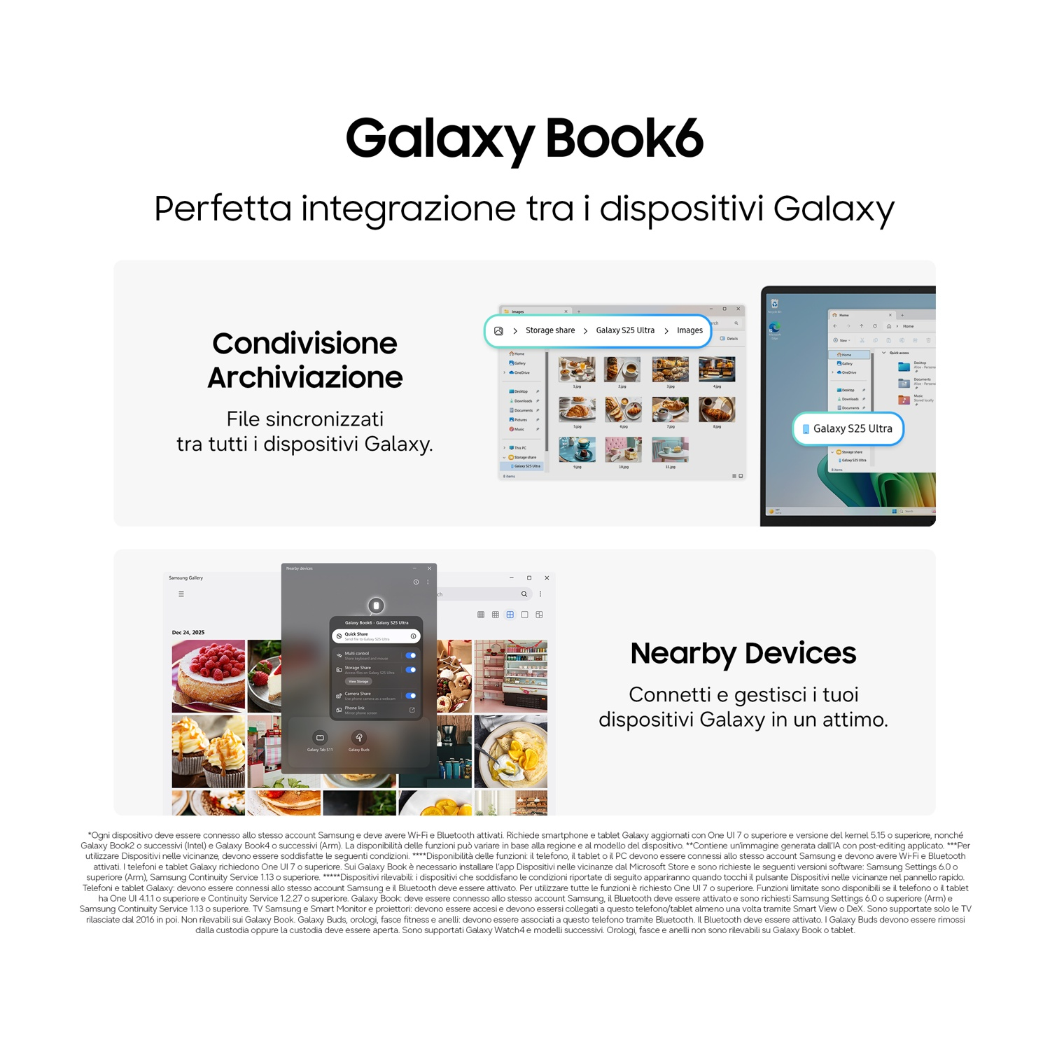 Galaxy Book6 con connettività e 'Dispositivi nelle vicinanze'. Cartelle a sinistra, panoramica dispositivi a destra.