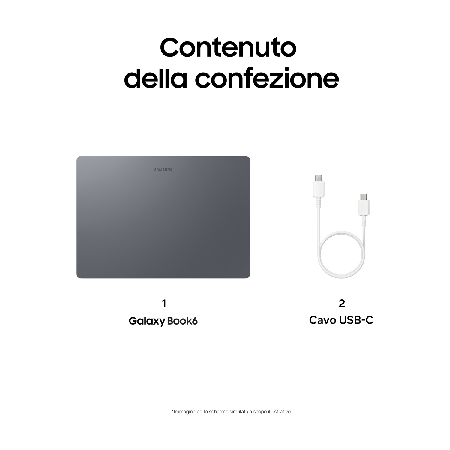 Samsung Galaxy Book6 grigio con cavo USB-C.