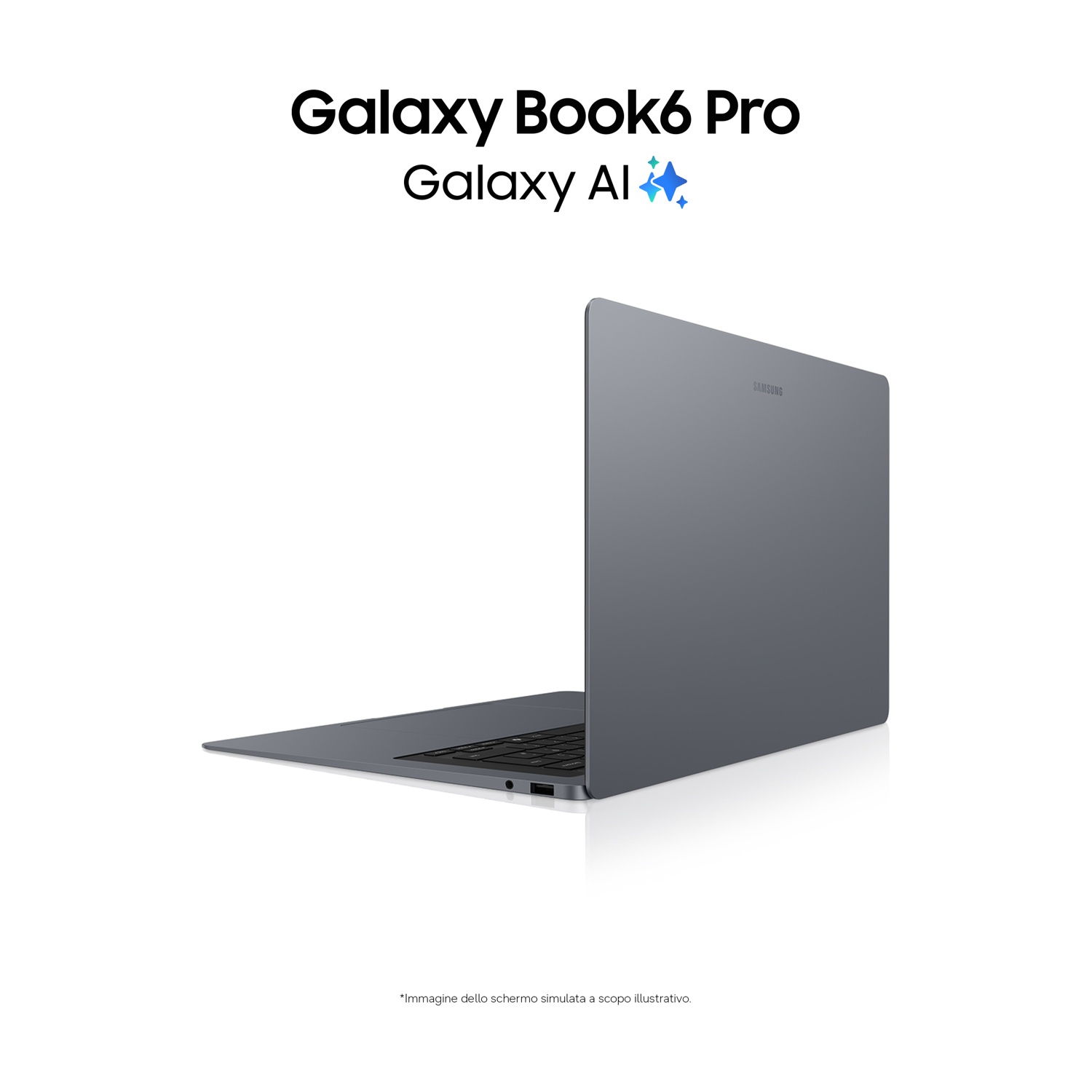 Laptop grigio Samsung Galaxy Book6 Pro con Galaxy AI.
