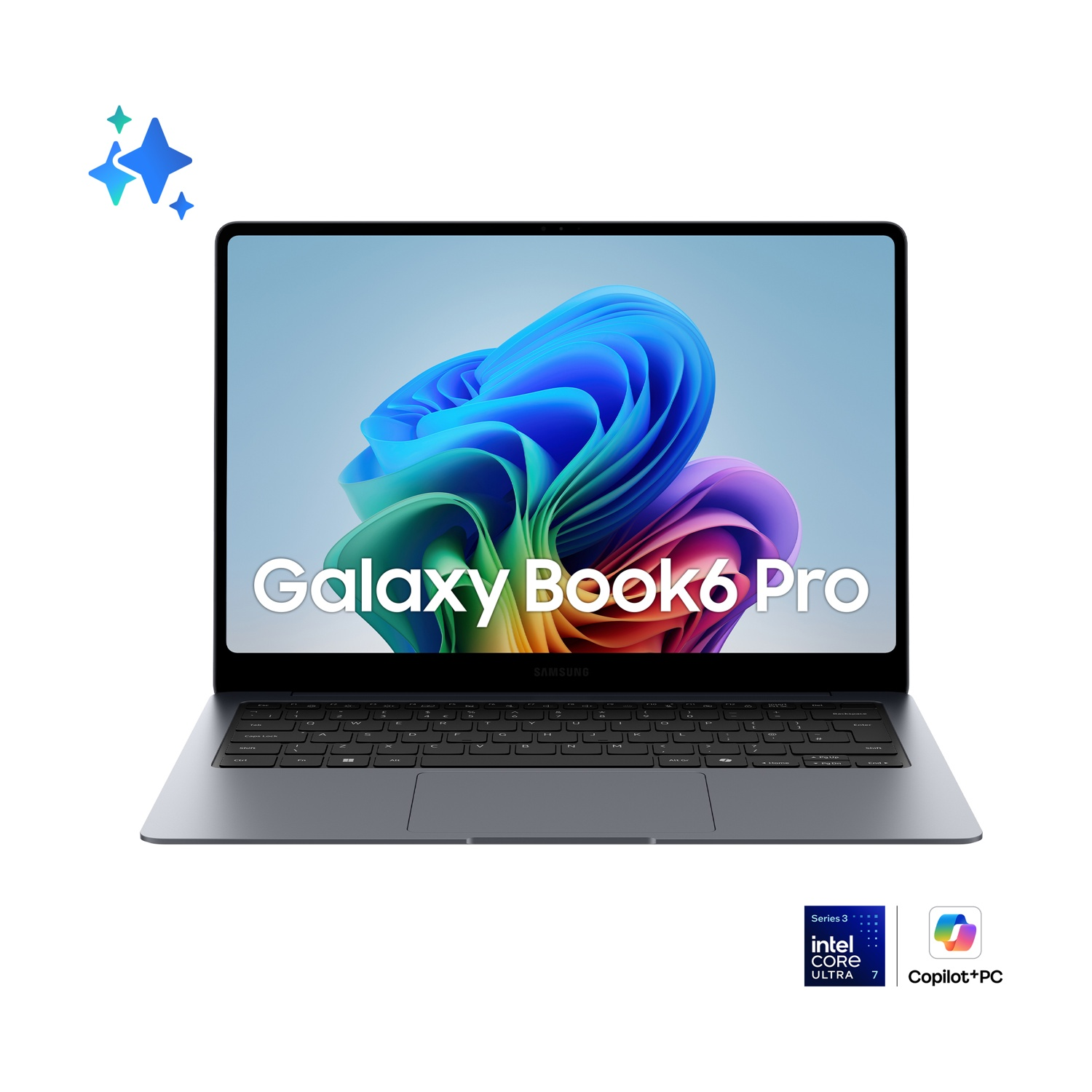 Laptop Samsung Galaxy Book Pro grigio con sfondo colorato e logo Intel.