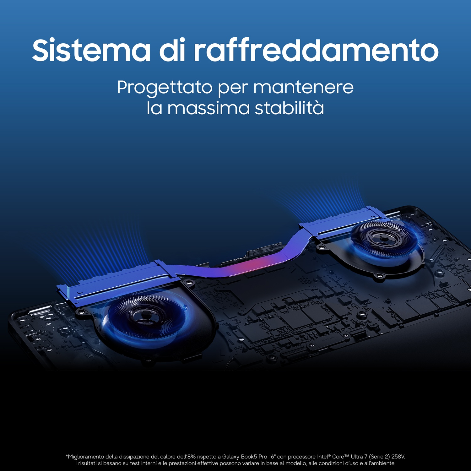 Sistema di raffreddamento con due ventole e accenti blu su un circuito.