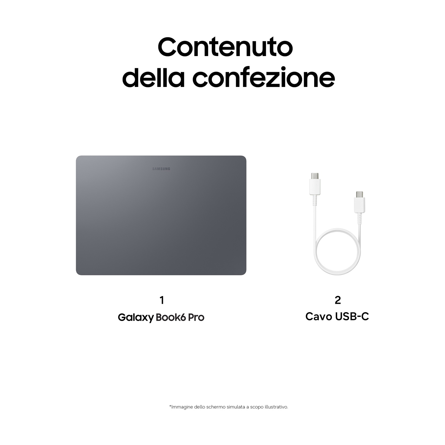 Contenuto della confezione: Samsung Galaxy Book6 Pro e cavo USB-C.