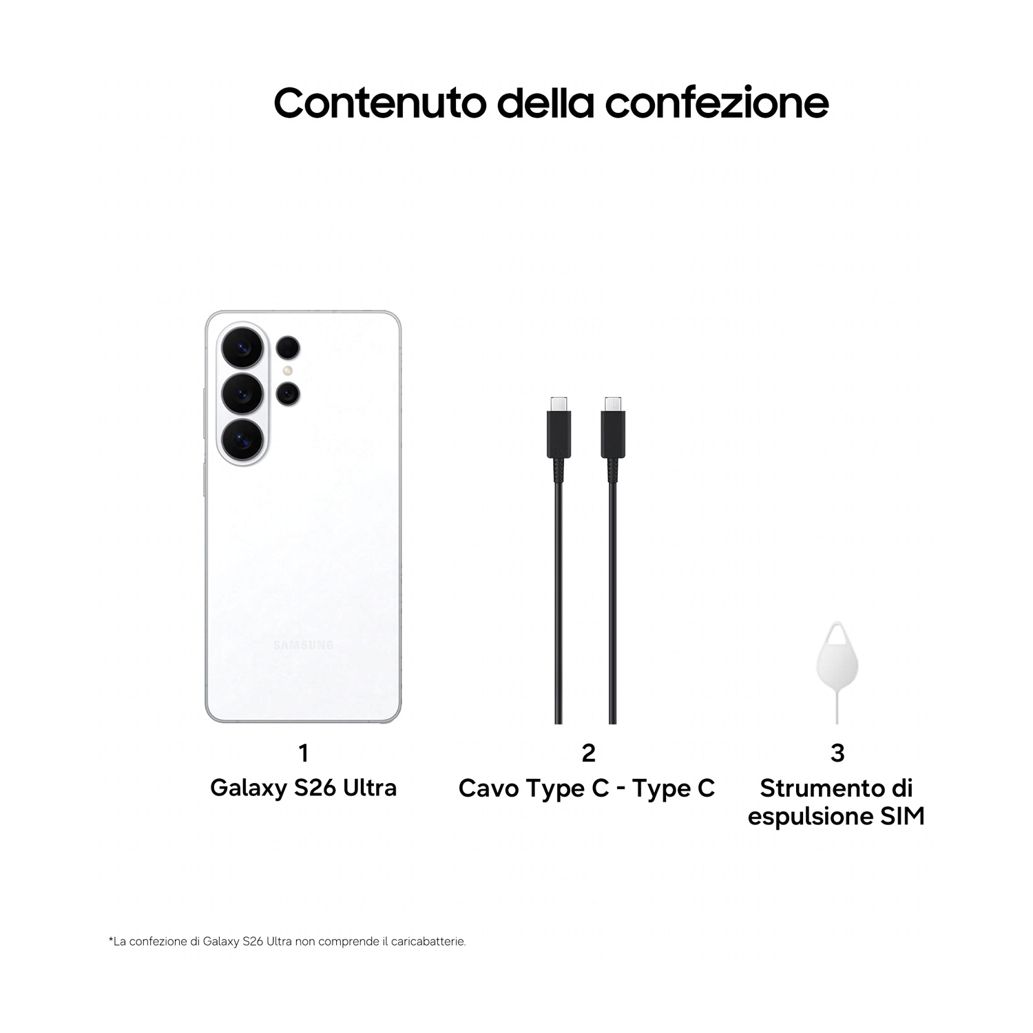 Contenuto confezione: Galaxy S26 Ultra bianco, 2 cavi USB-C, strumento espulsione SIM.