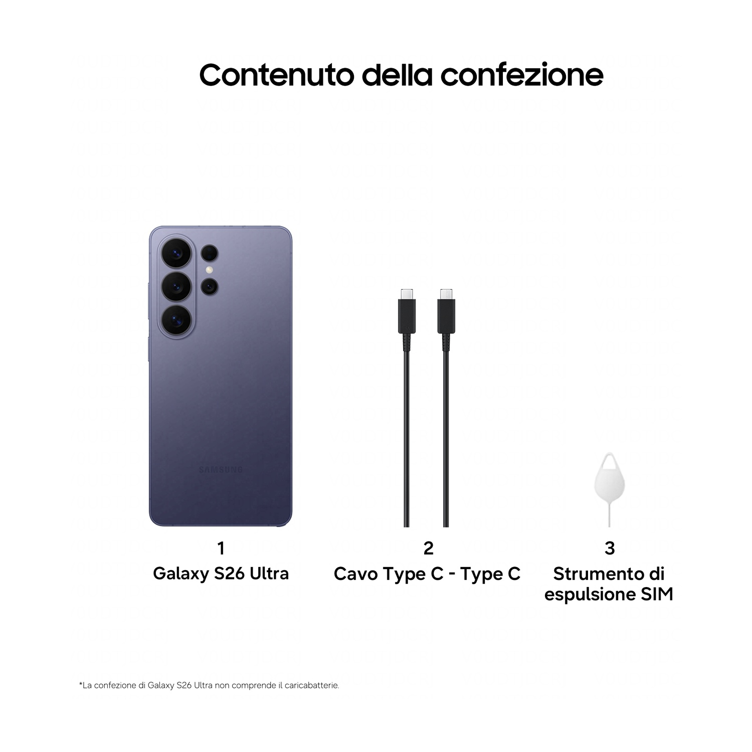 La confezione include uno smartphone viola, due cavi USB-C e uno strumento SIM.