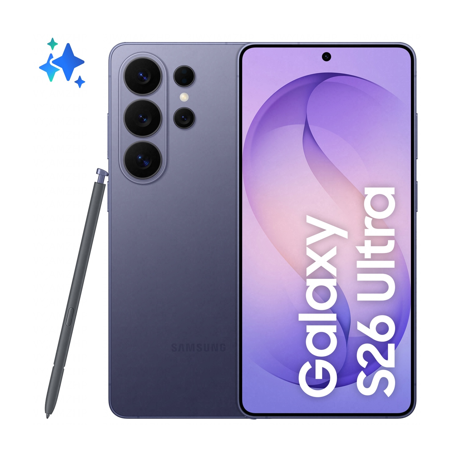Un Samsung Galaxy S26 Ultra viola con pennino e icone scintillanti.