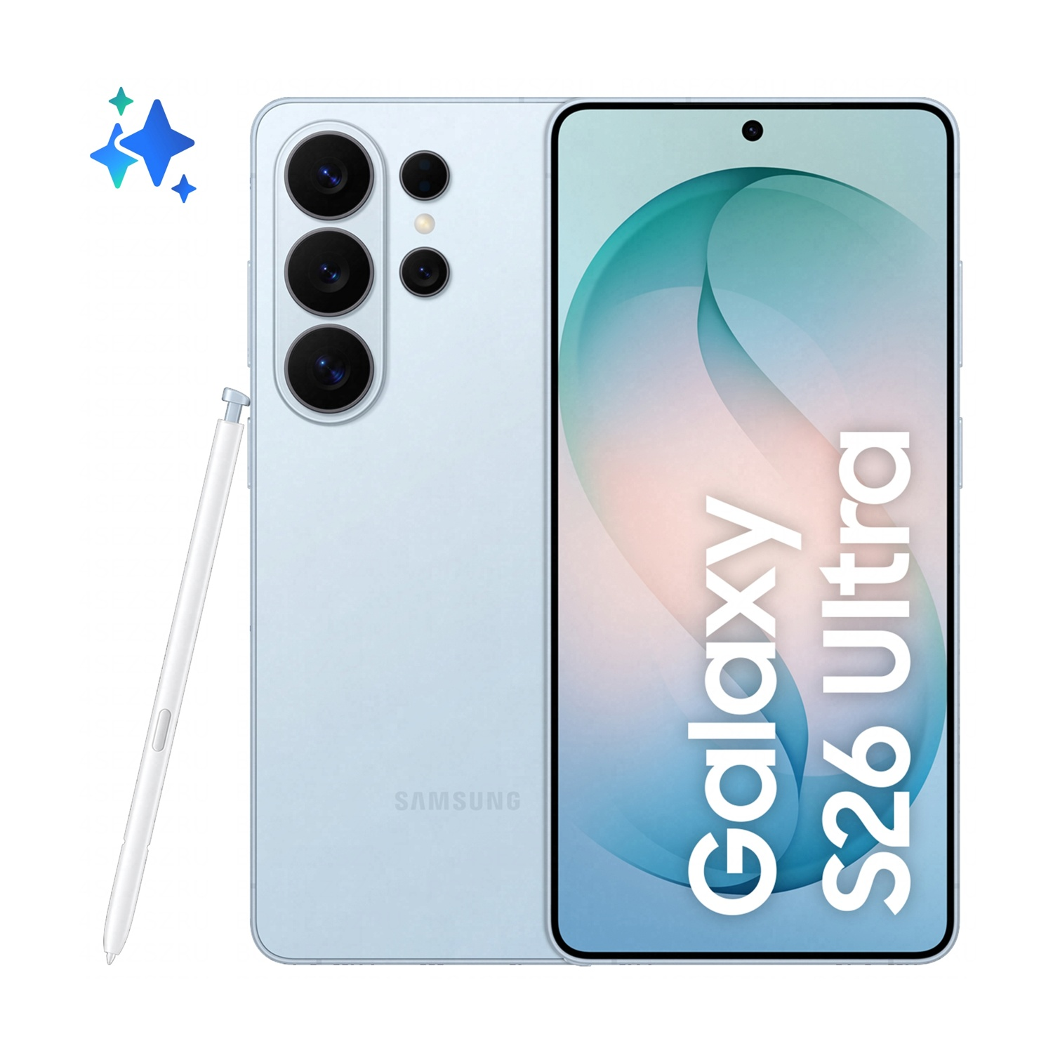 Un Samsung Galaxy S26 Ultra azzurro con S Pen e stelle.