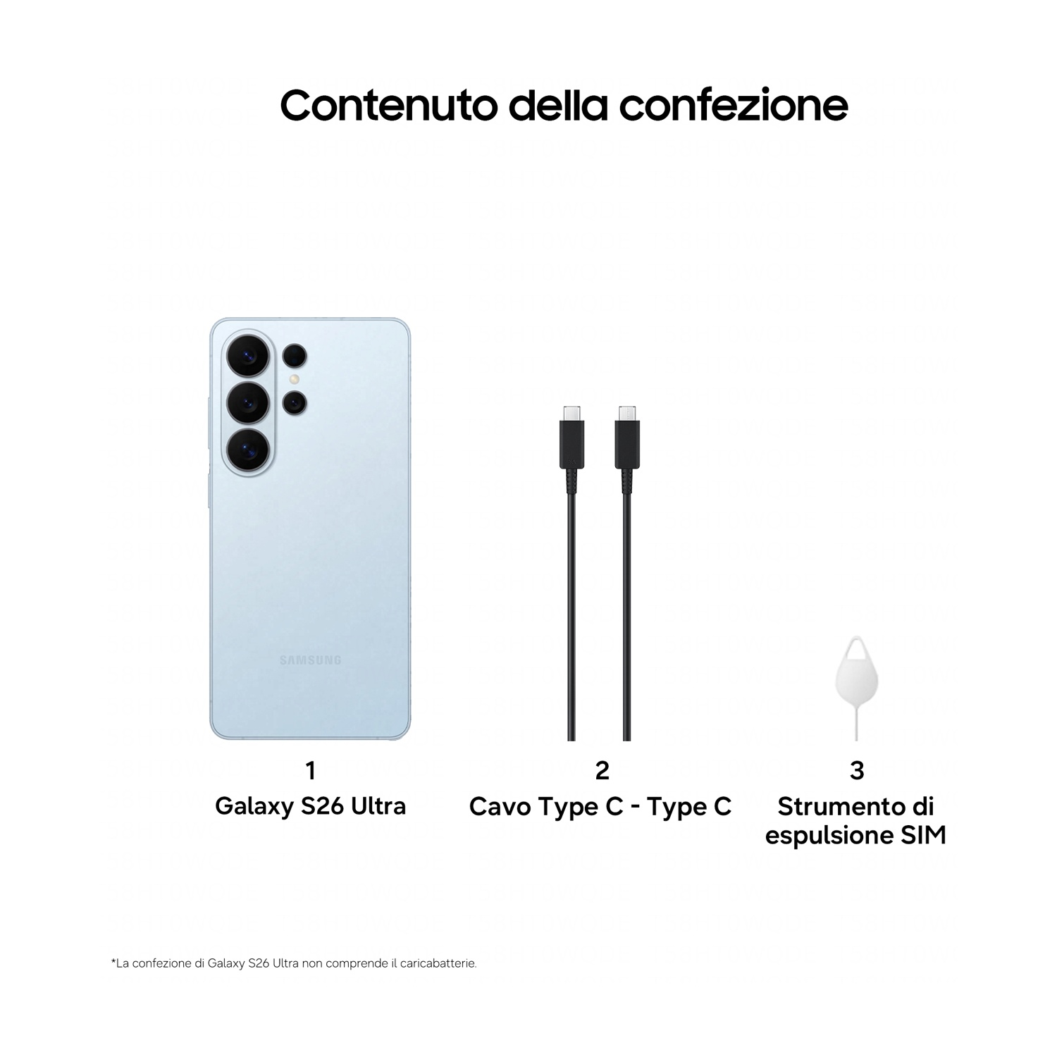 Contenuto della confezione: Galaxy S26 Ultra azzurro, due cavi Type-C e strumento espulsione SIM.