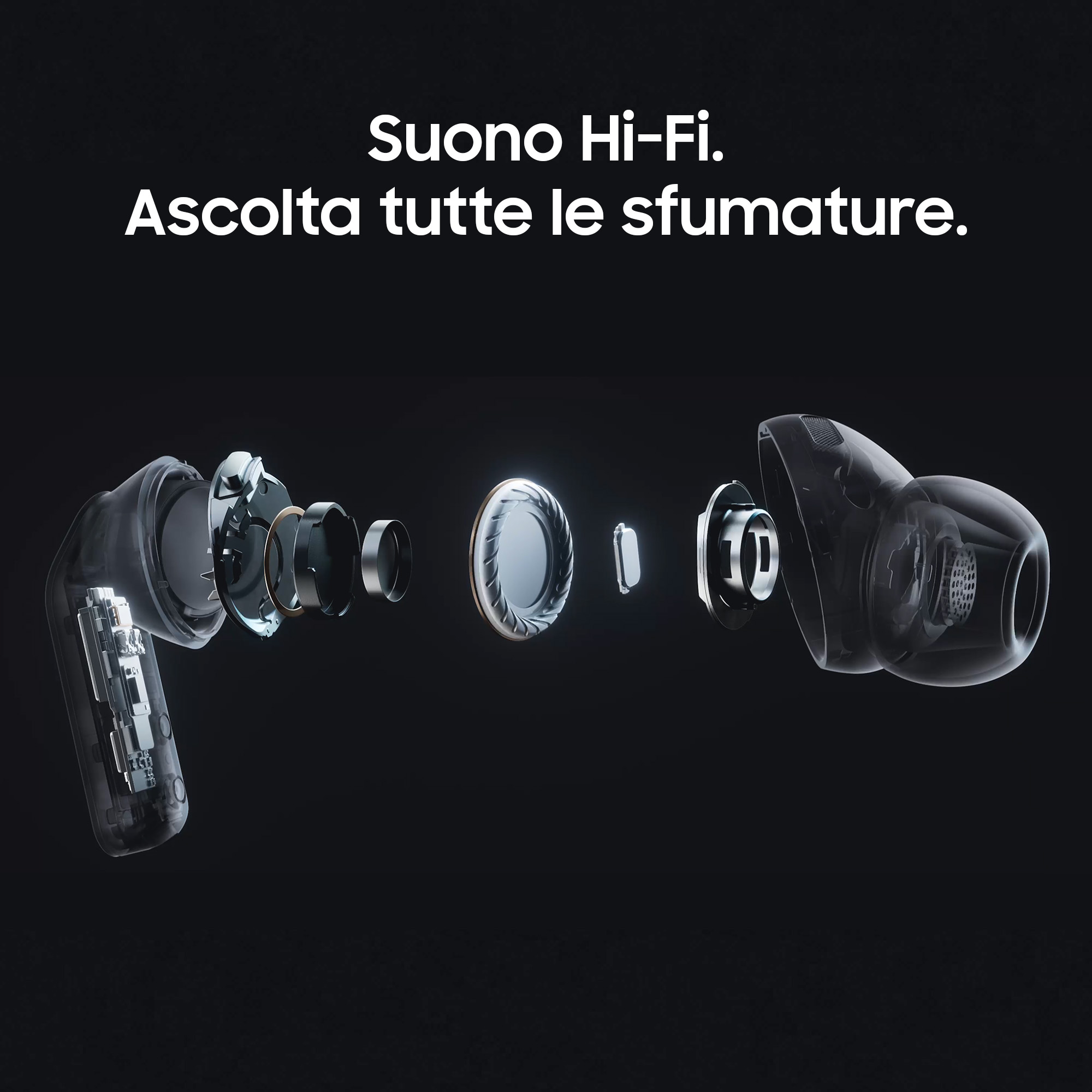 Vista esplosa di un auricolare trasparente con componenti interni su sfondo nero.