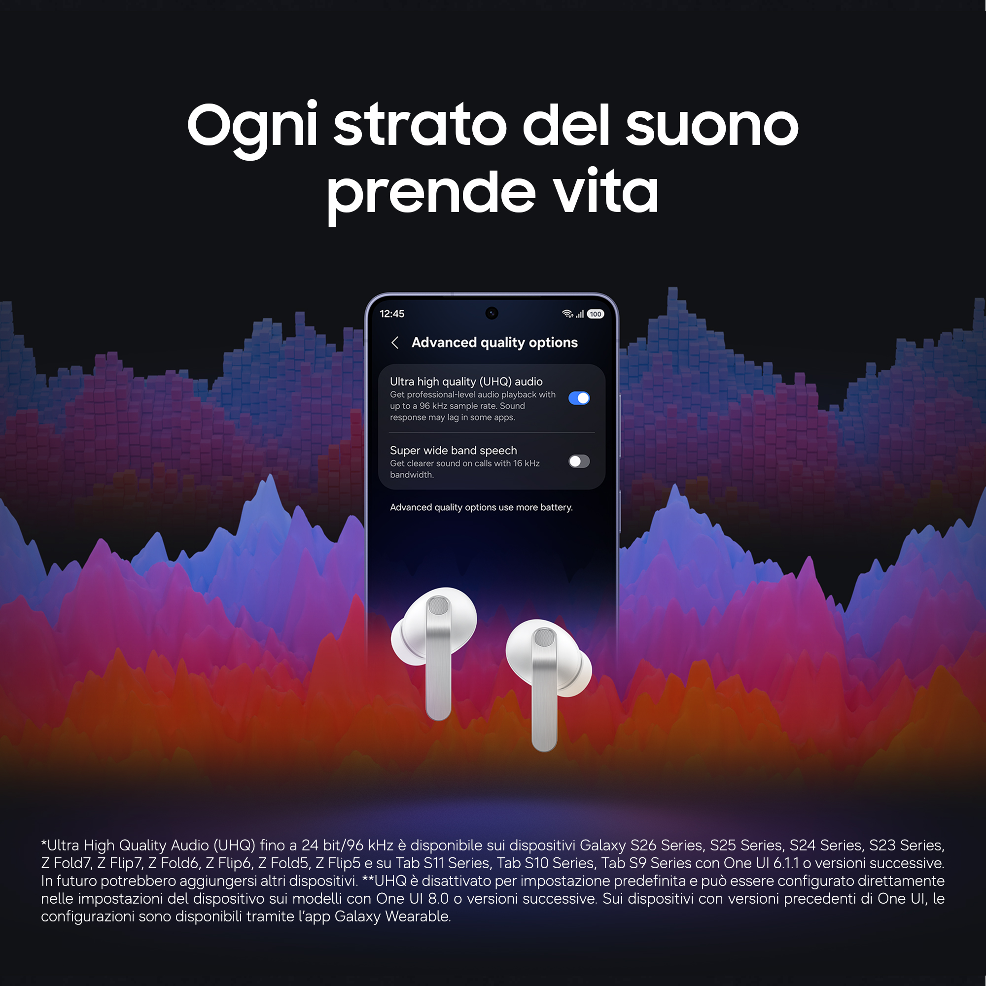 Uno smartphone mostra impostazioni audio per qualità ultra-alta e voce a banda larga.