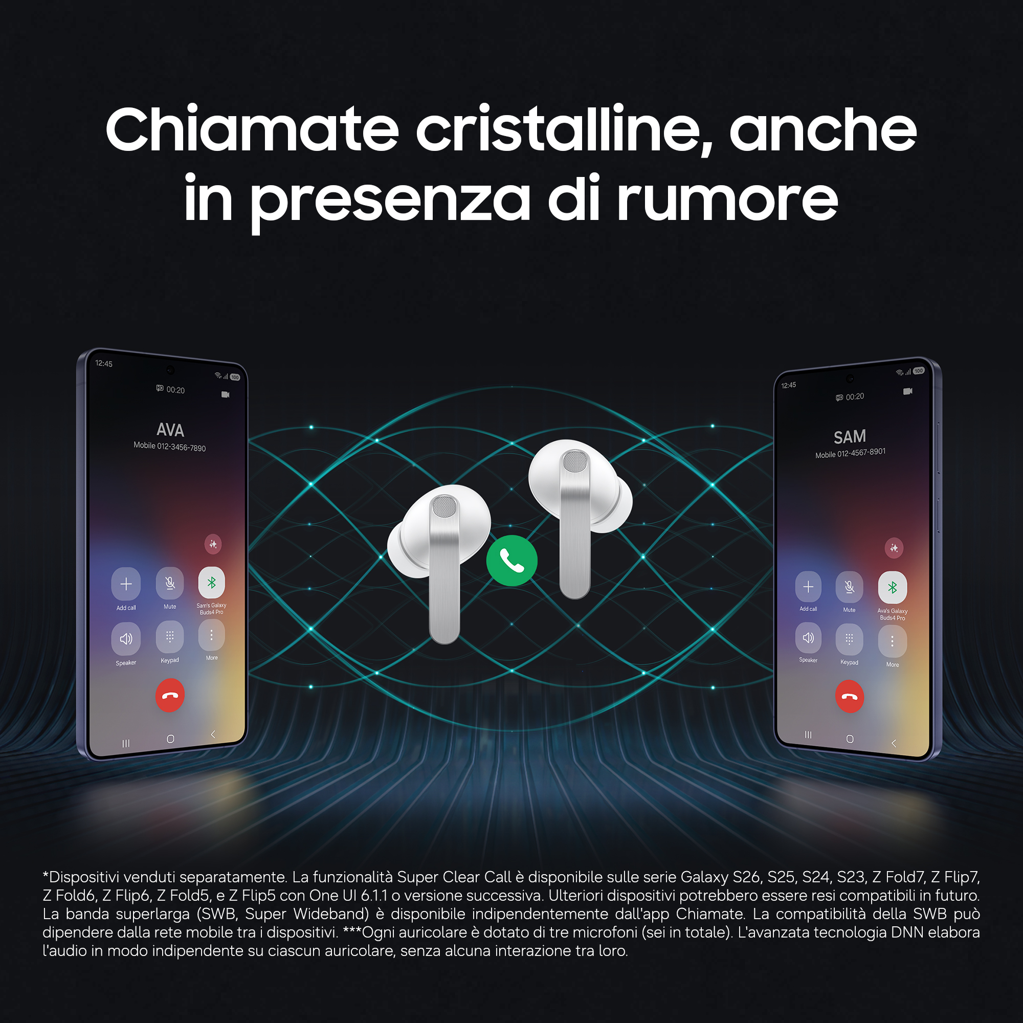 Due smartphone mostrano schermate di chiamata e auricolari bianchi.
