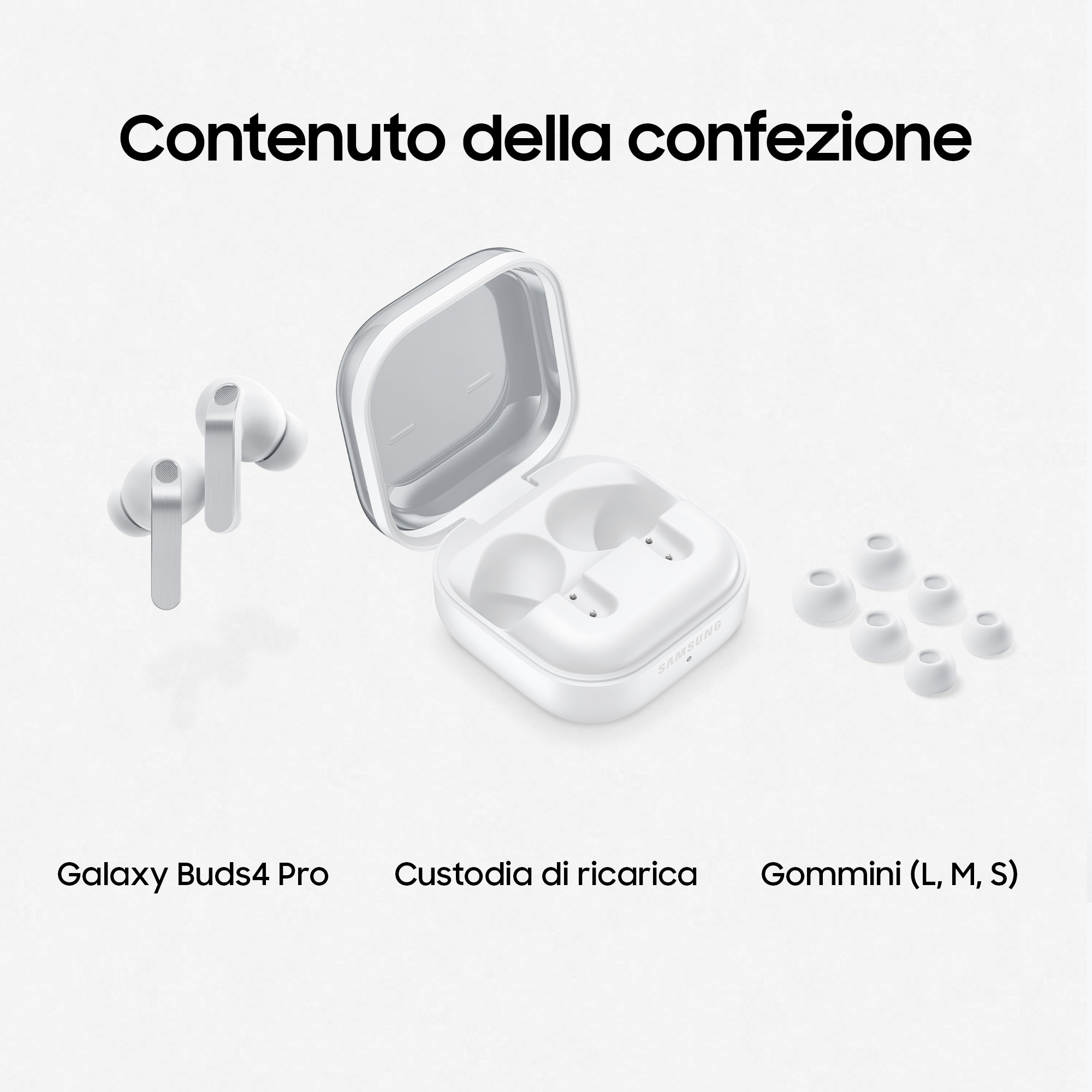 Samsung Galaxy Buds4 Pro bianchi con custodia di ricarica e gommini.