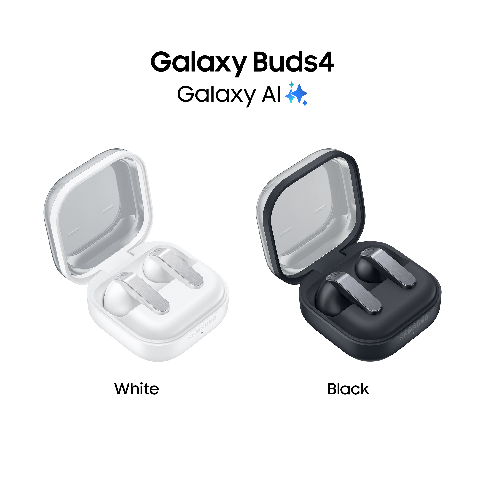 Galaxy Buds4 bianchi e neri con Galaxy AI su sfondo bianco.