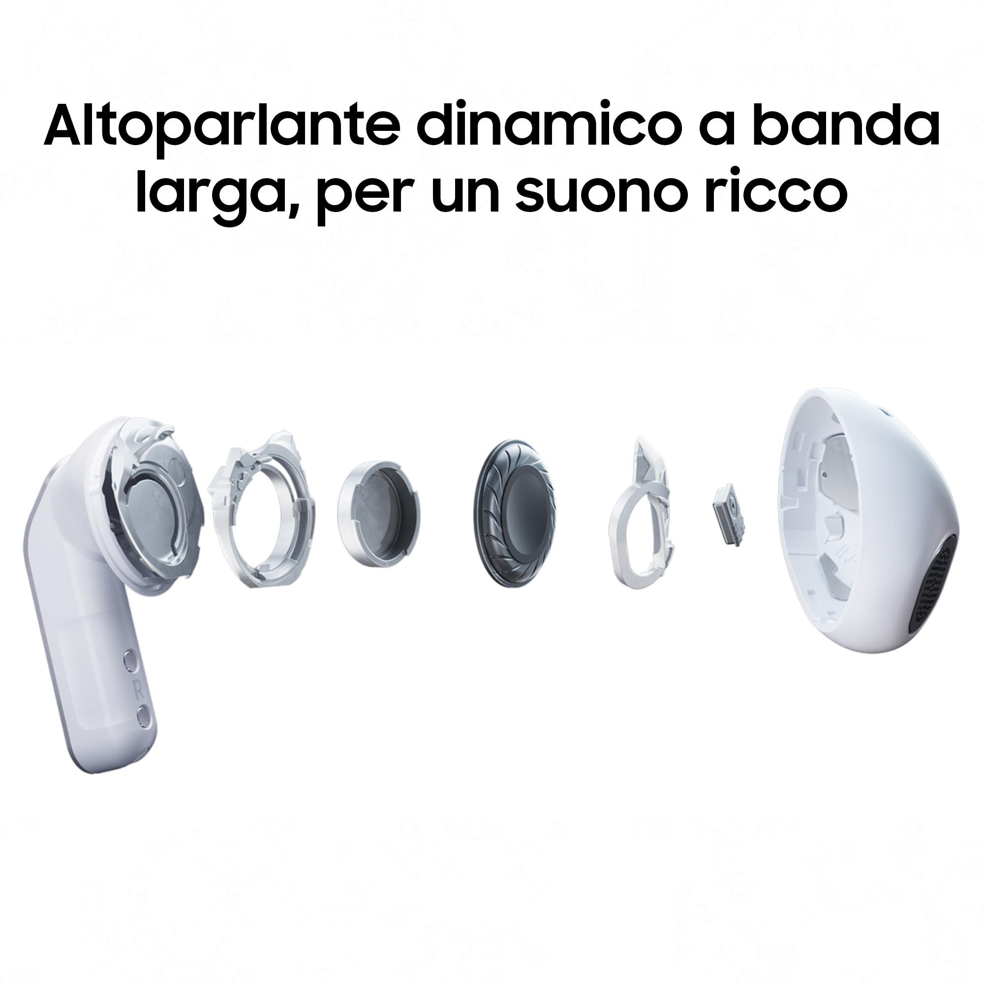 Vista esplosa di un auricolare bianco con componenti singoli.