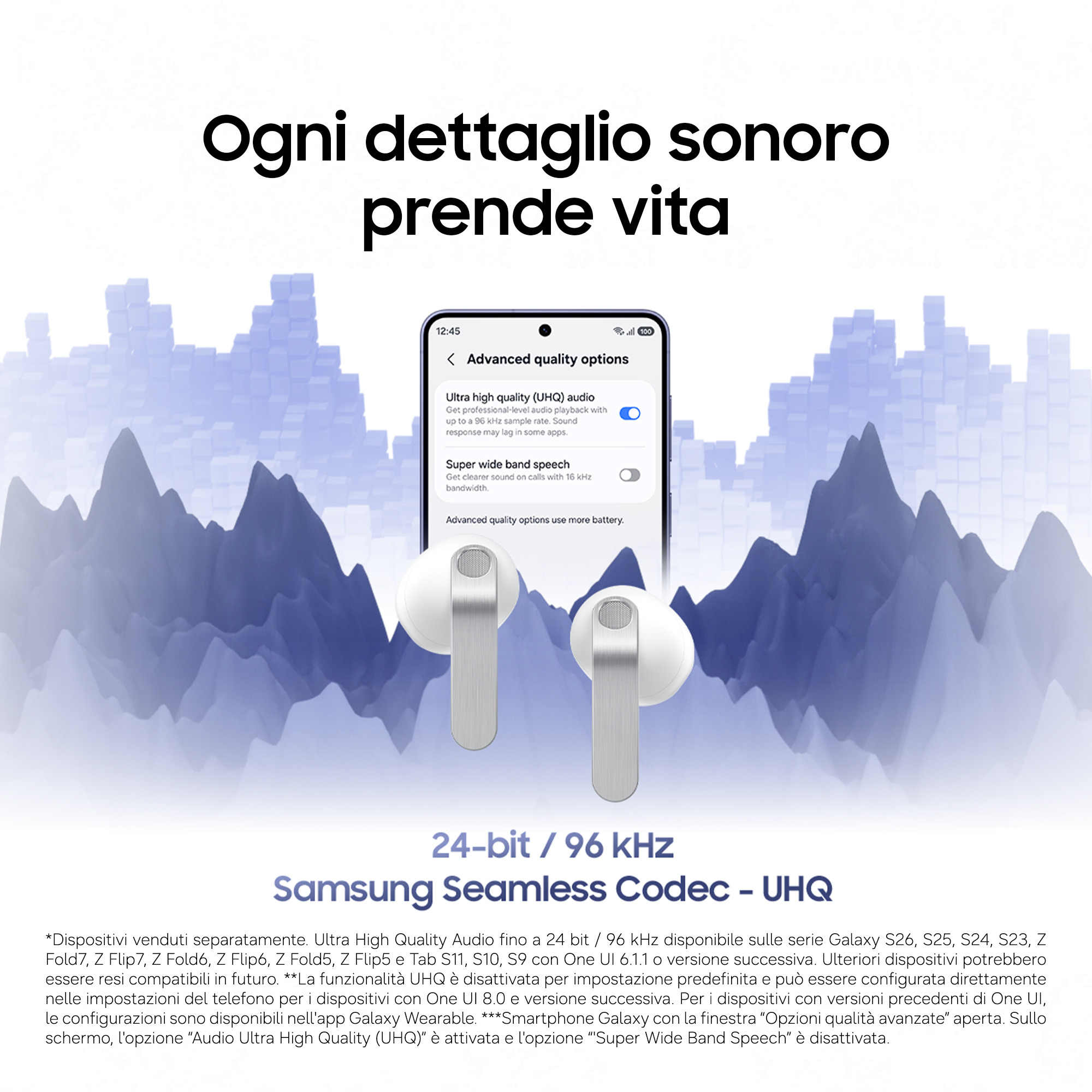 Auricolari Samsung con impostazione audio UHQ su schermo smartphone.
