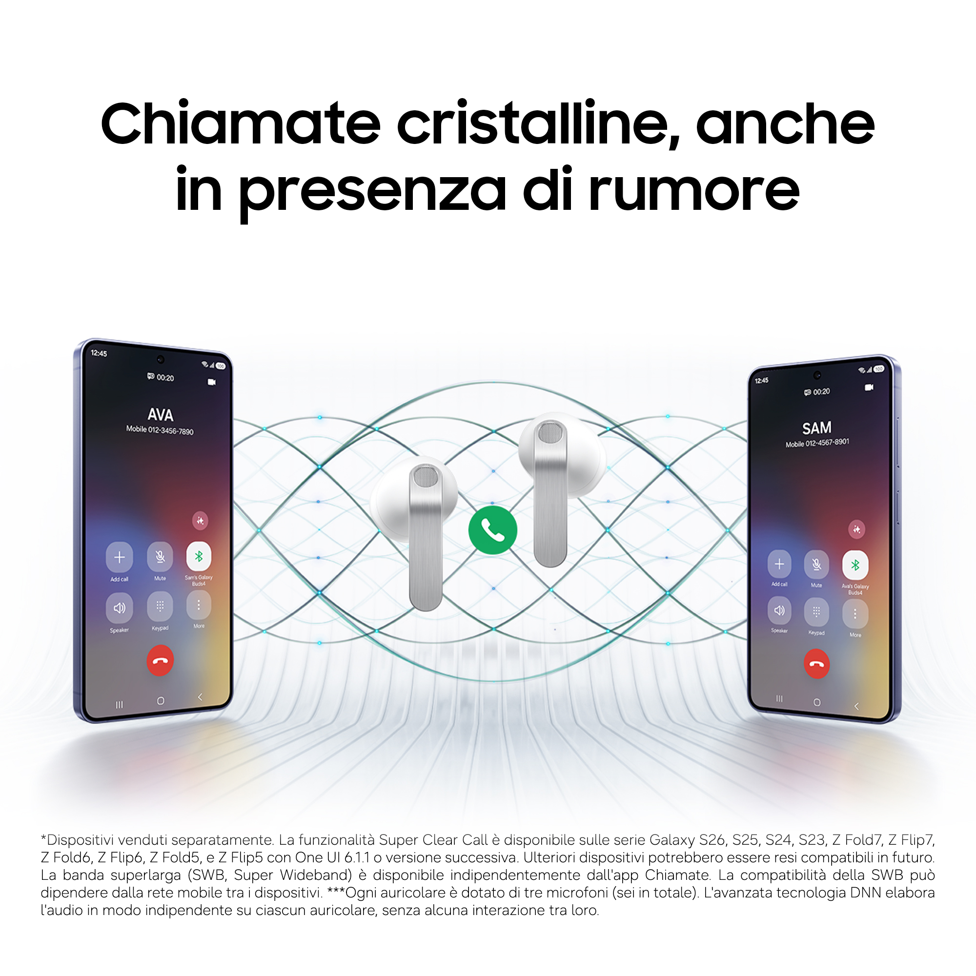 Due smartphone mostrano schermi di chiamata ed auricolari bianchi su un motivo a griglia.