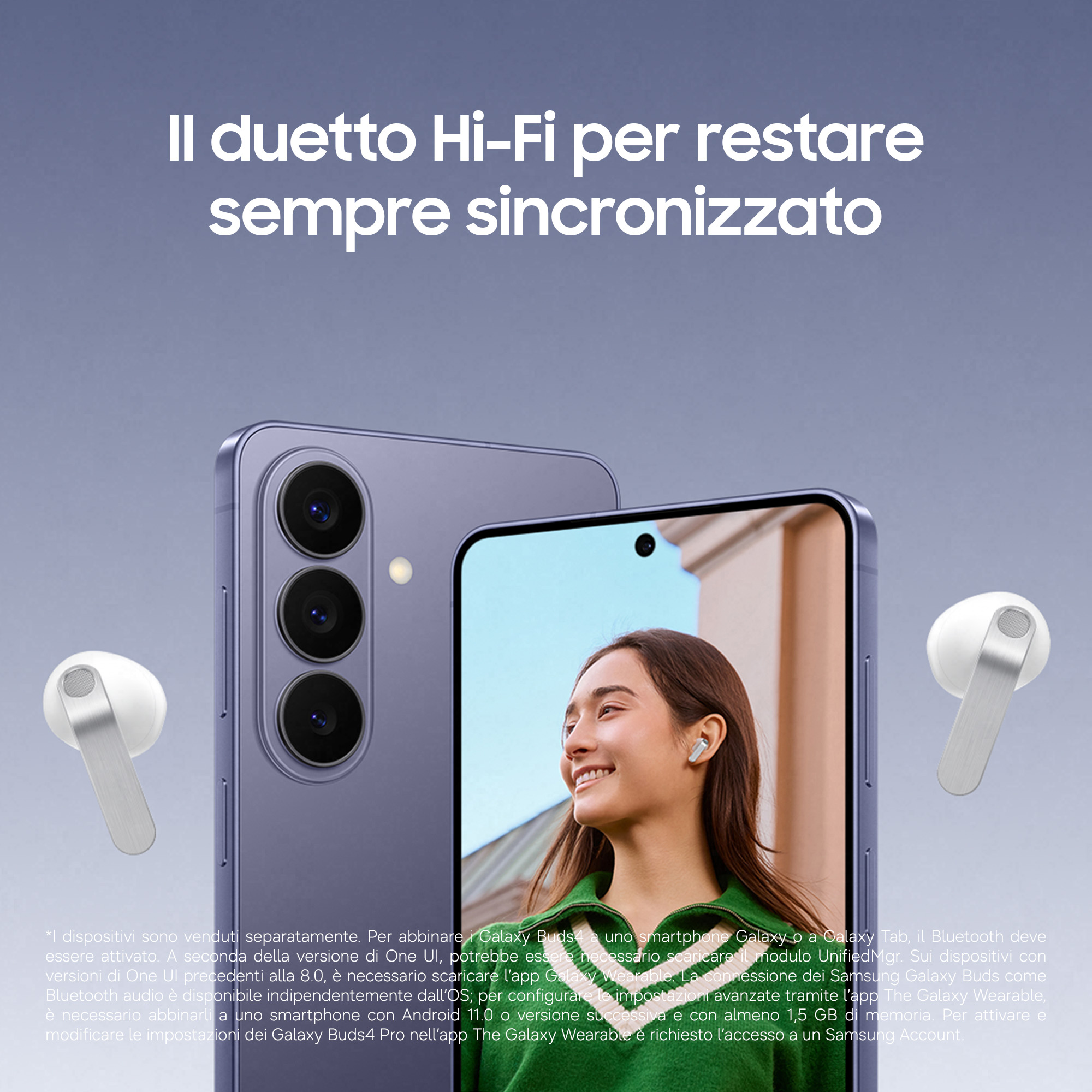 Uno smartphone viola e auricolari bianchi sono mostrati. Sullo schermo si vede un volto sorridente.