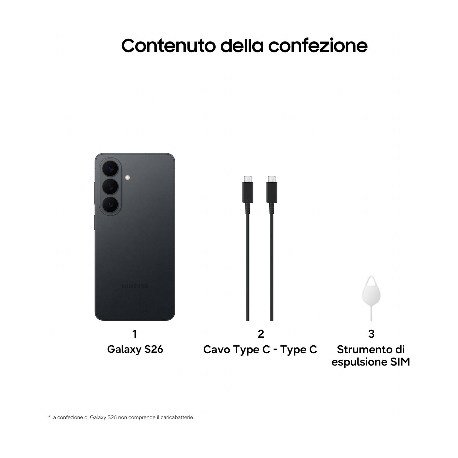 Contenuto confezione: Galaxy S26, 2 cavi USB-C, strumento SIM.