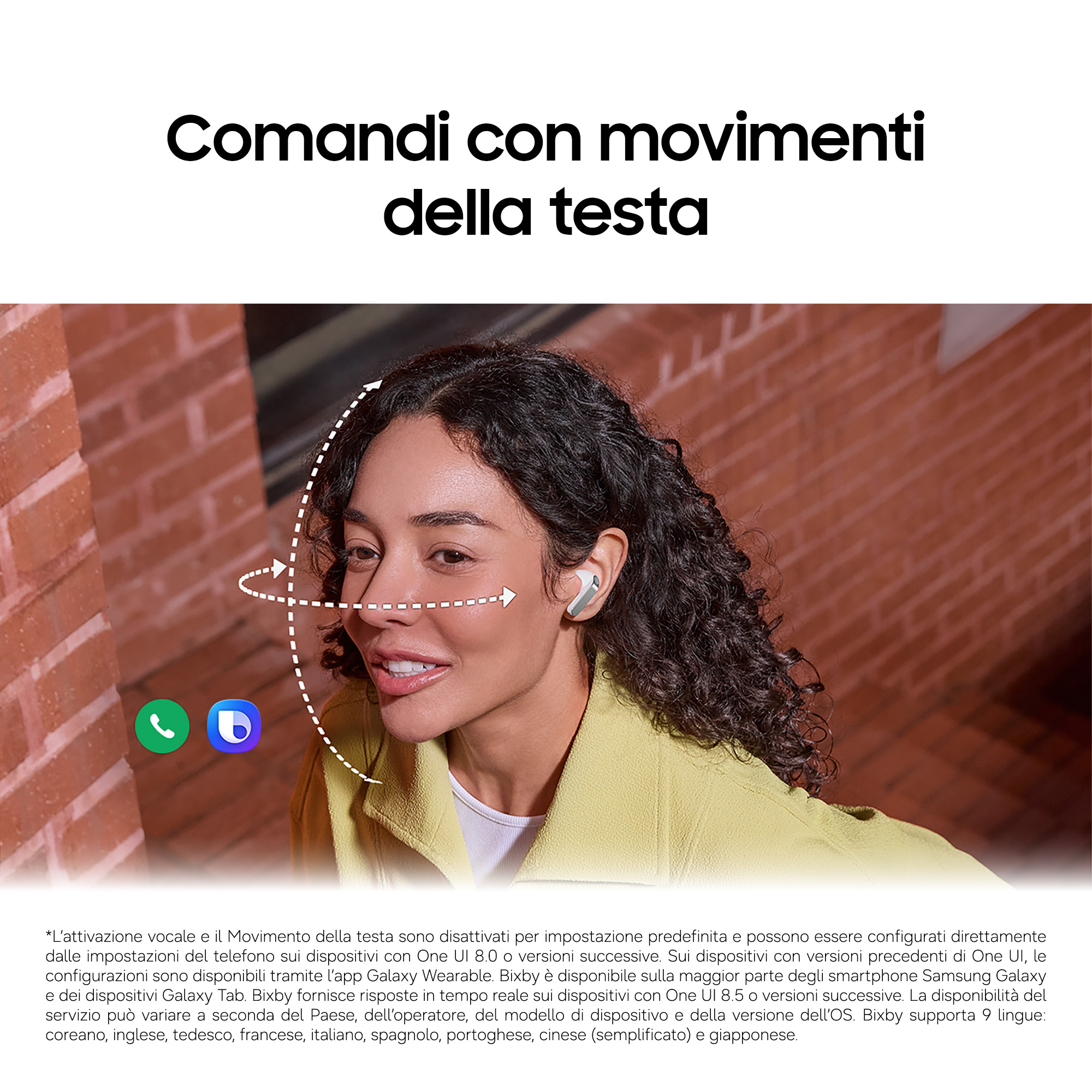 Donna con auricolari, mostra le funzioni di controllo testa di Bixby.