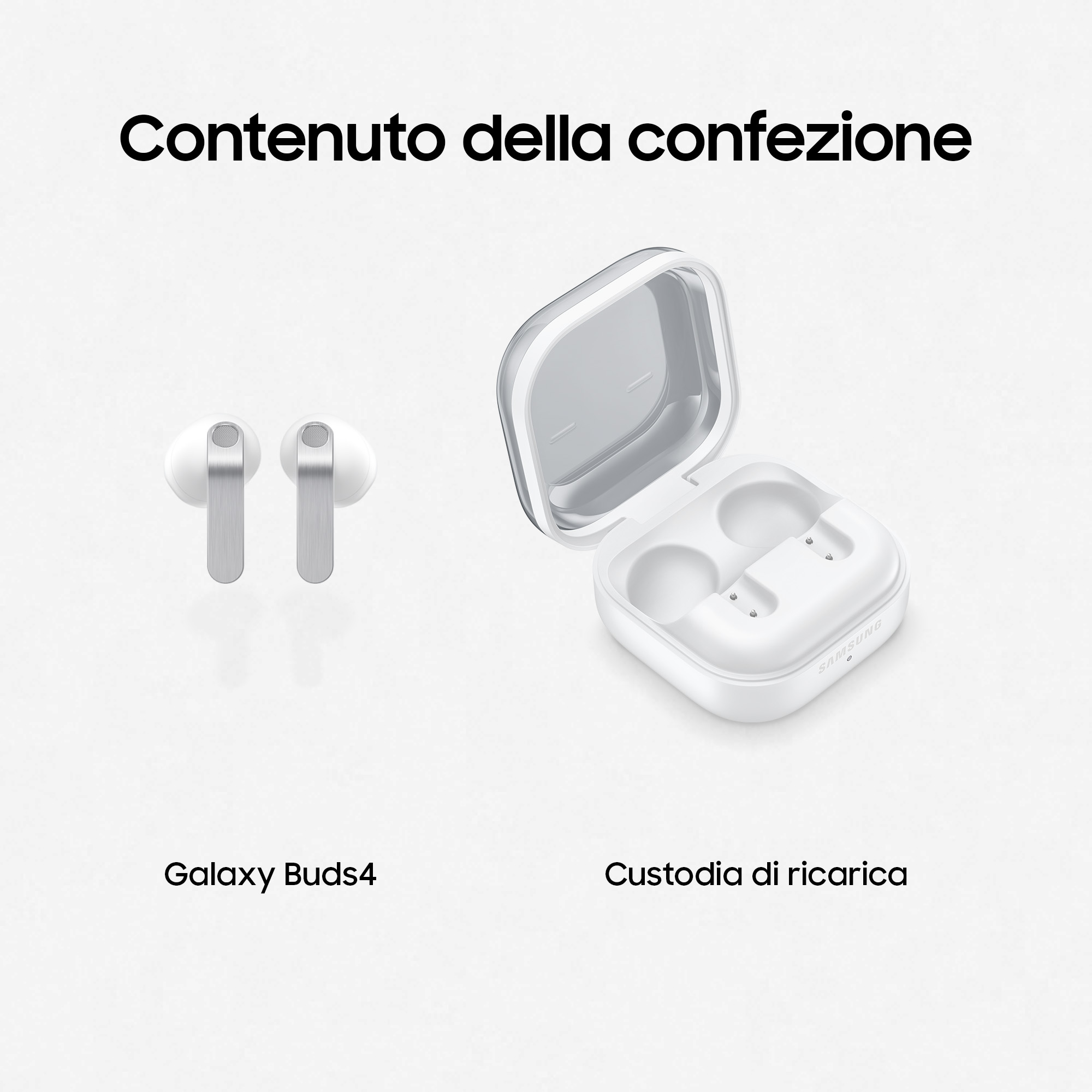 Galaxy Buds4 bianchi e una custodia di ricarica bianca aperta su sfondo bianco.