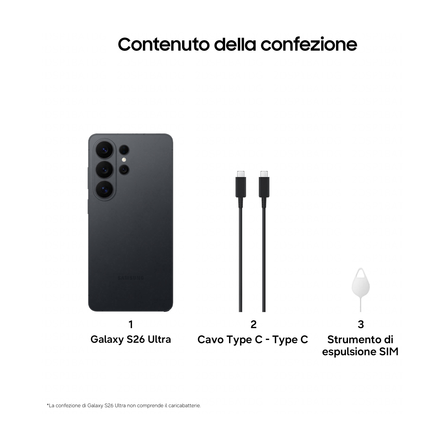 Contenuto confezione: Galaxy S26 Ultra, cavo Type-C, strumento espulsione SIM.