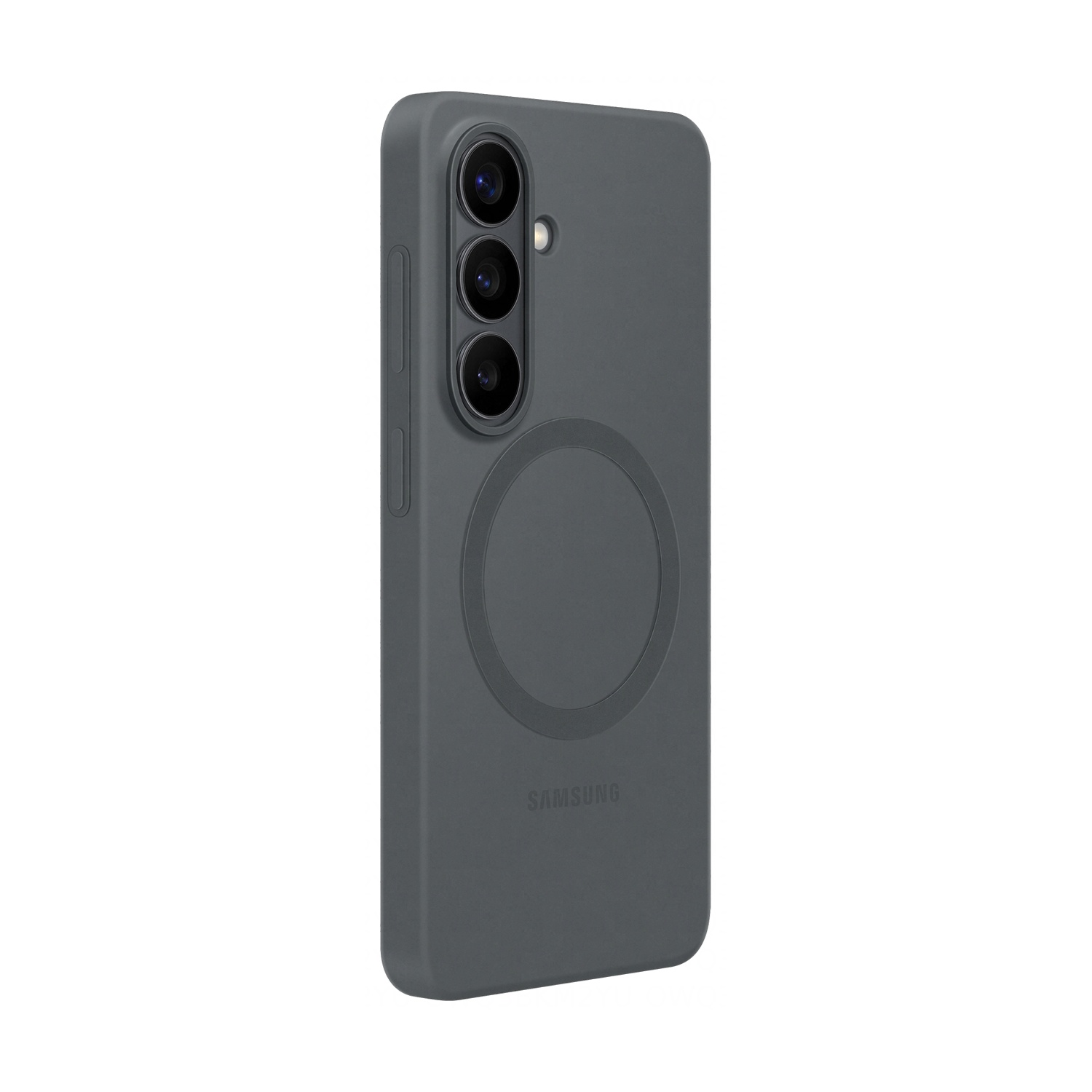 Custodia grigio scuro per telefono con fotocamere e logo Samsung.