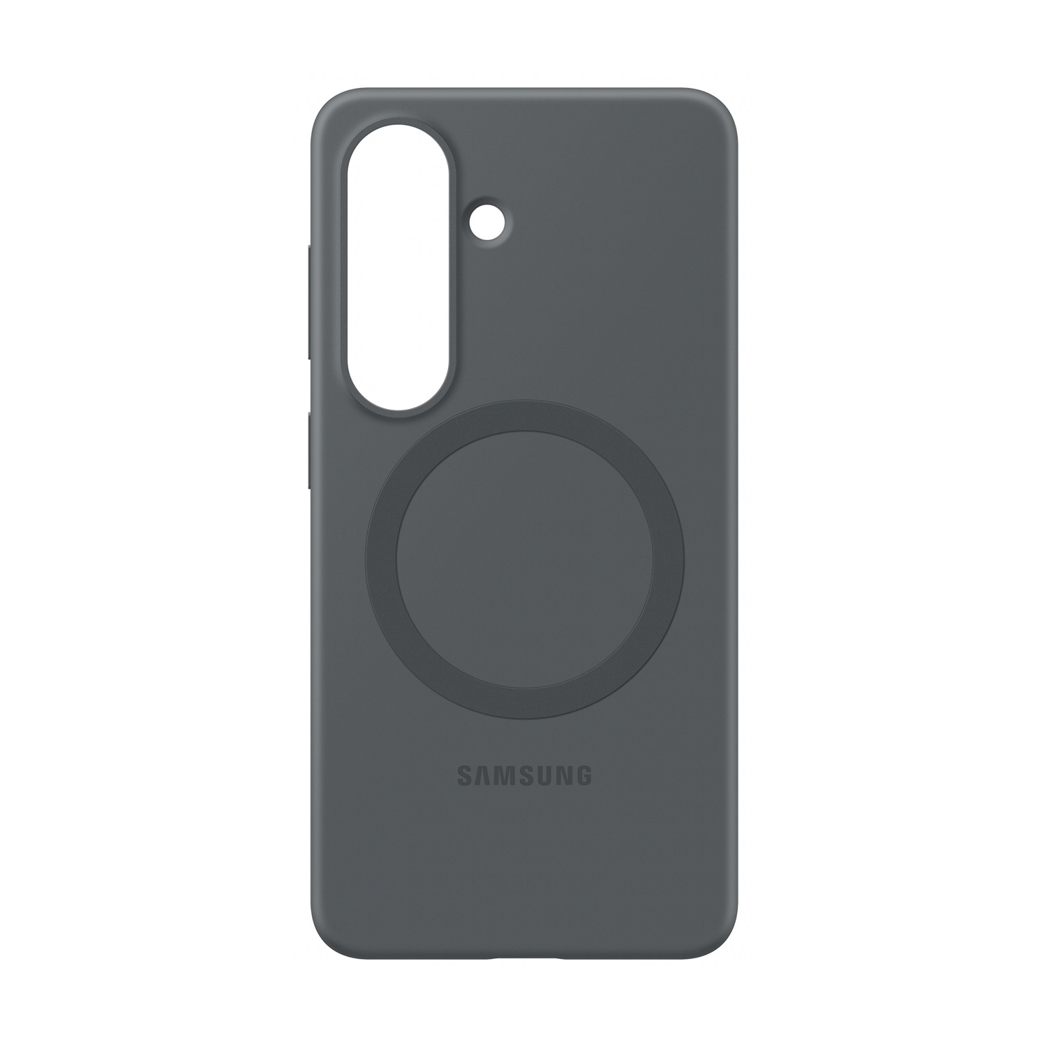 Custodia grigio scuro con ritaglio circolare e logo Samsung.