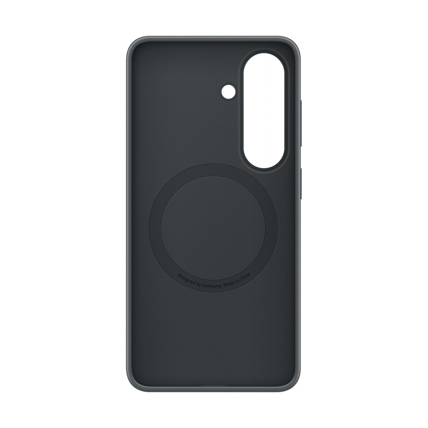 Custodia grigio scuro per telefono con ritagli per fotocamera e pulsanti.