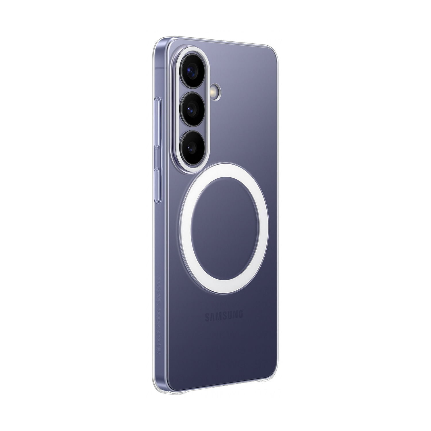 Una custodia trasparente per telefono con un cerchio bianco e tre fotocamere.