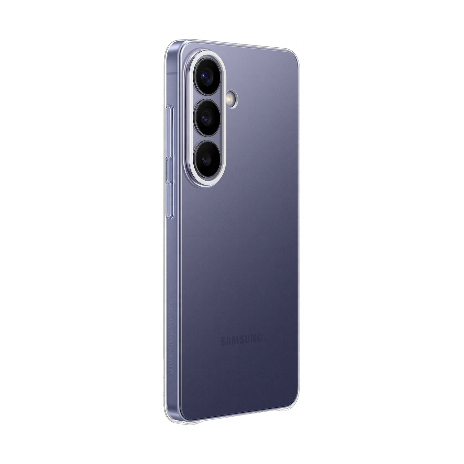 Una custodia trasparente per telefono con tre fotocamere sul retro.