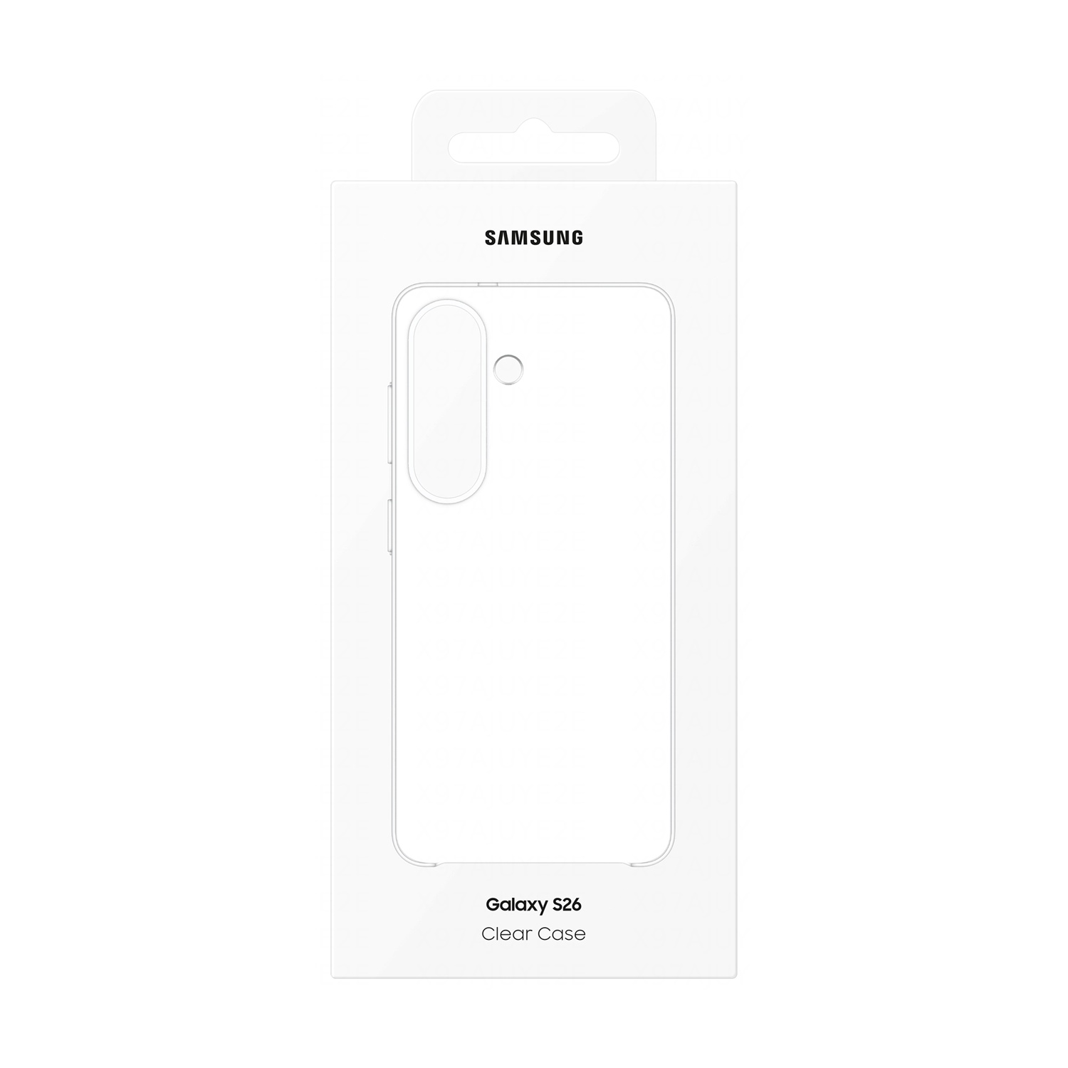 Custodia trasparente Samsung Galaxy S26 in confezione bianca.