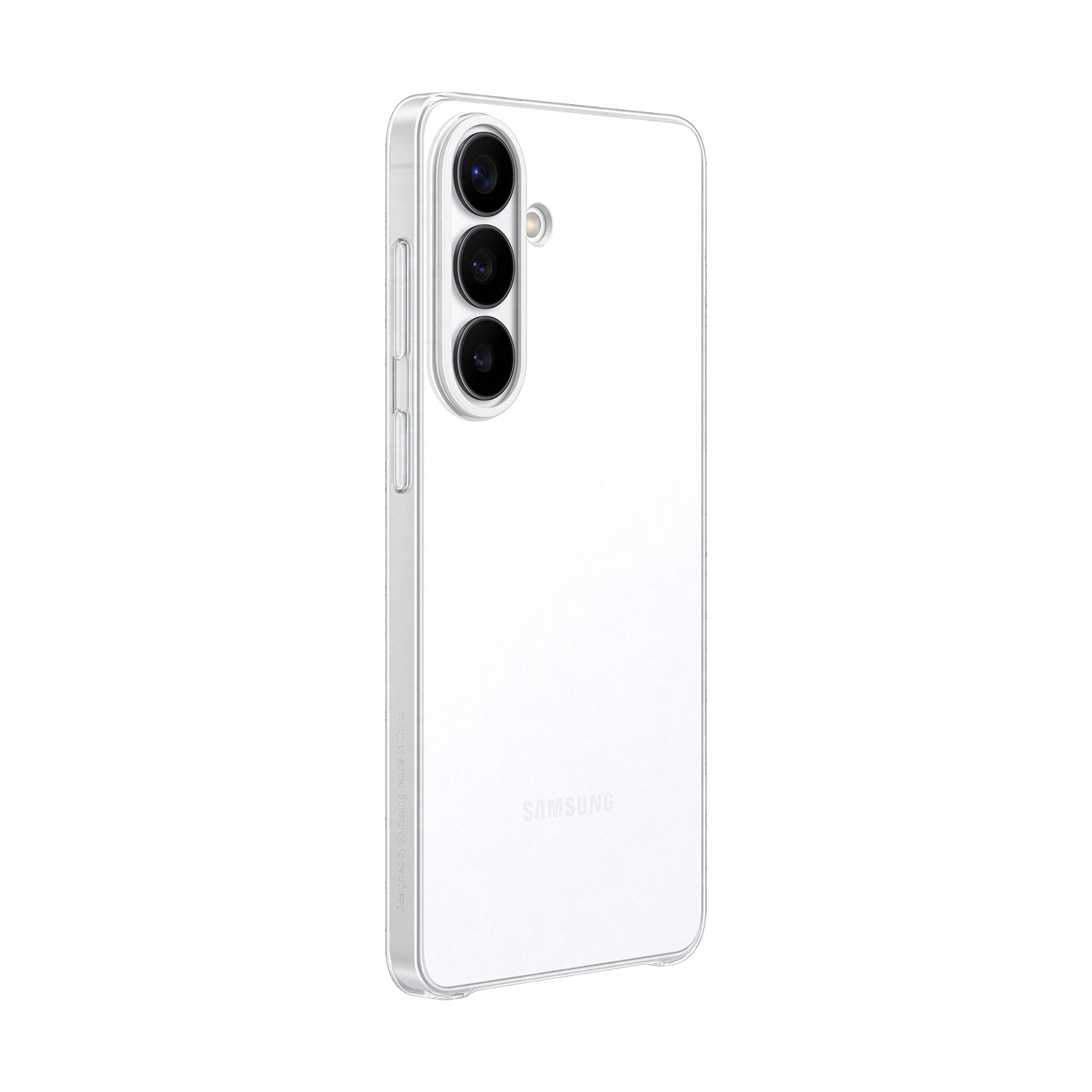 Una cover trasparente per telefono che mostra tre fotocamere e il logo Samsung.