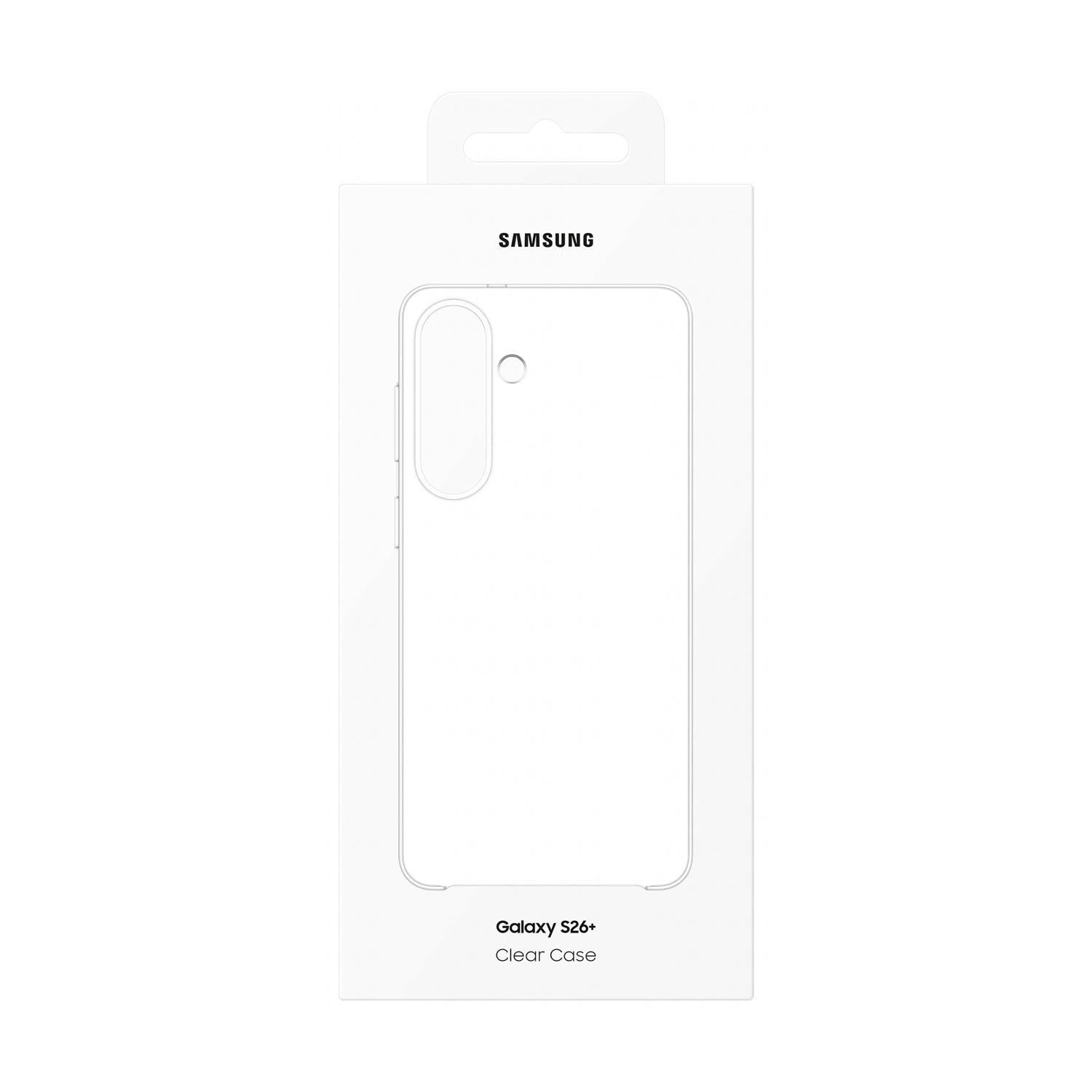 Confezione di una custodia trasparente Samsung Galaxy S26+ con logo Samsung.