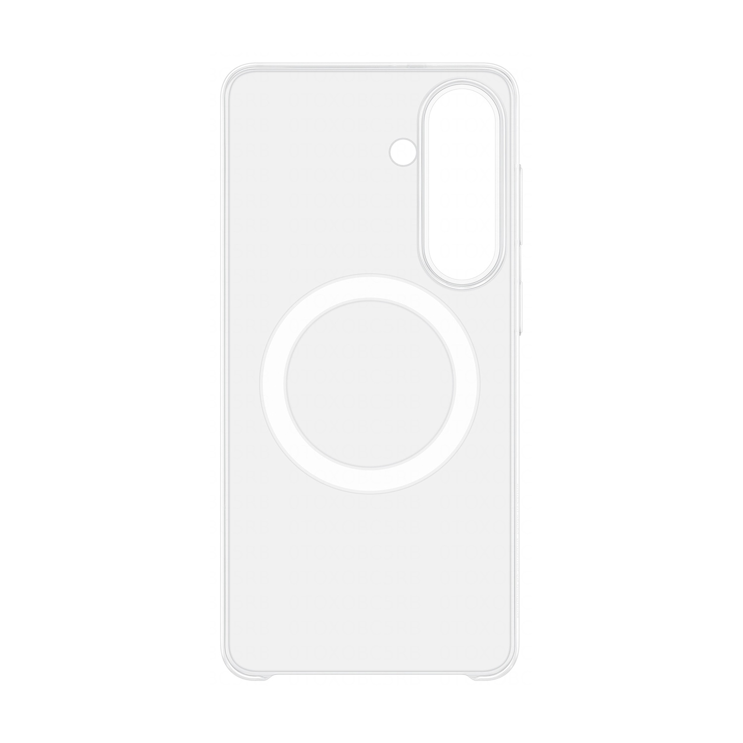 Custodia trasparente per telefono con motivo circolare e ritaglio fotocamera.