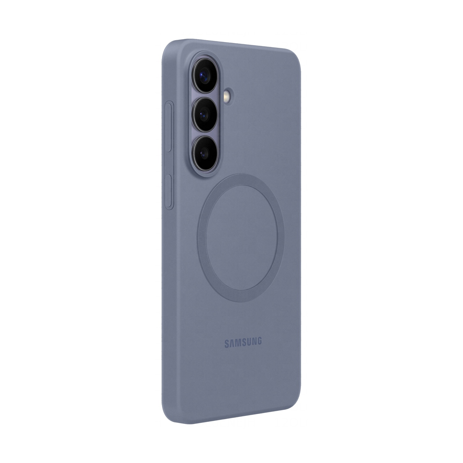 Una cover per telefono blu grigiastro con tre fotocamere e un cerchio.