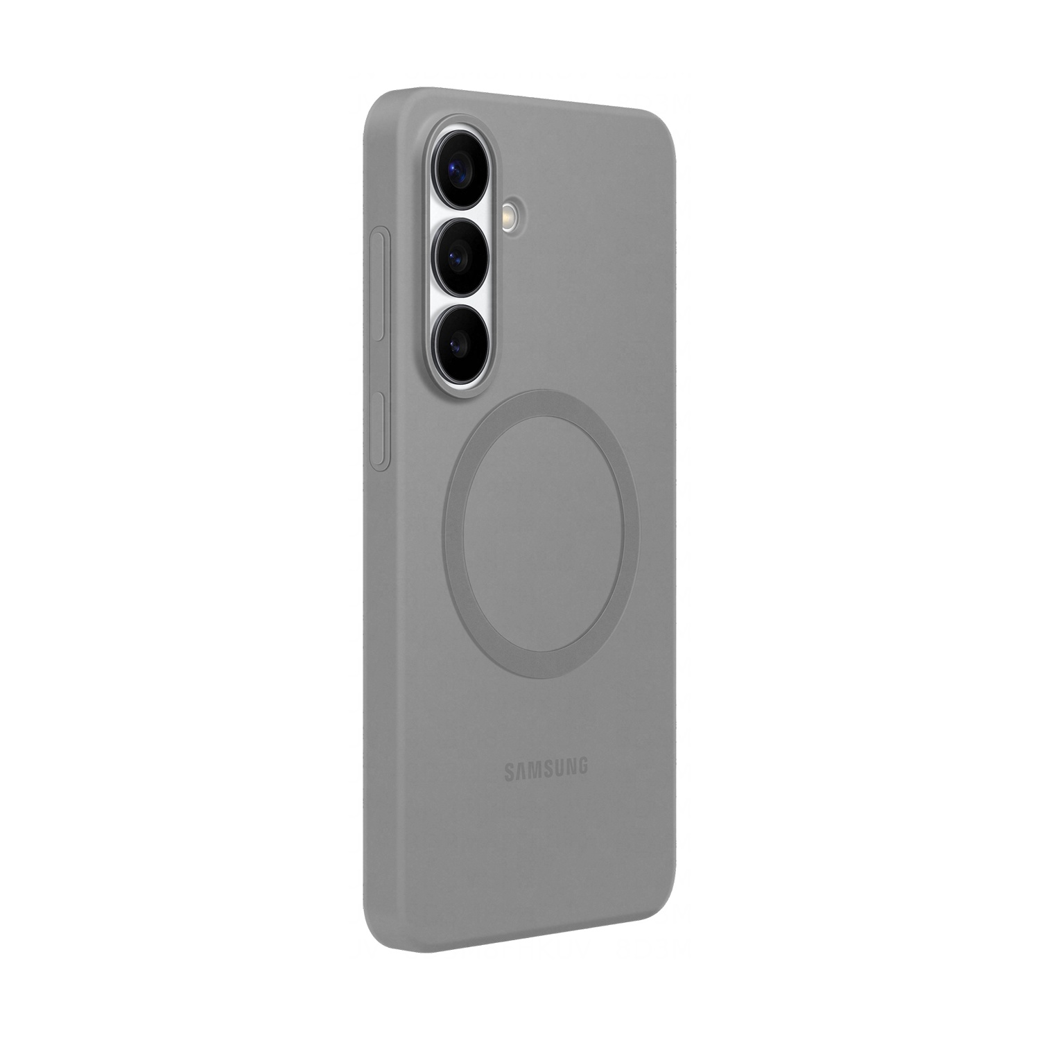 Custodia grigia per telefono con tre obiettivi e logo Samsung.