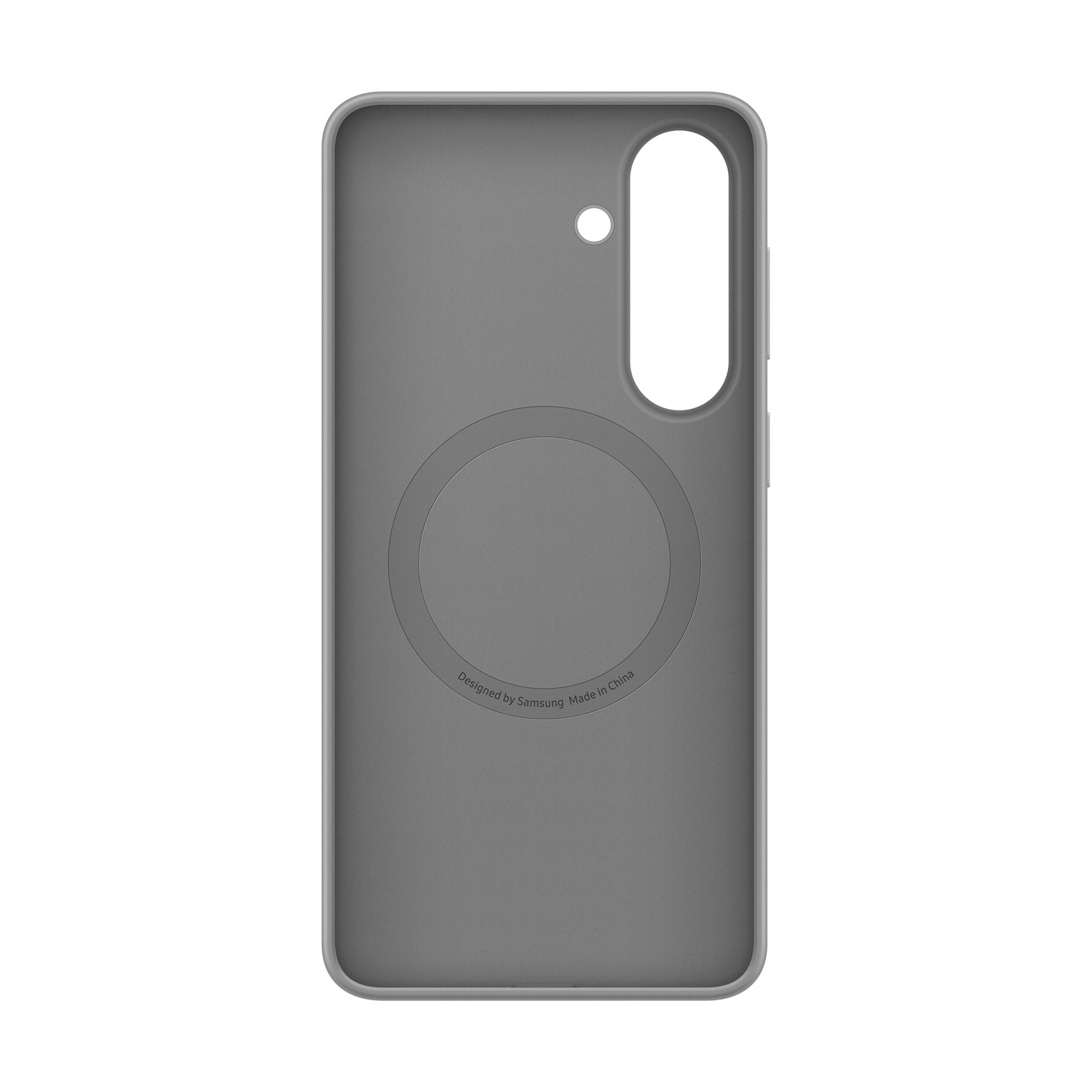 Custodia grigia per telefono con area magnetica circolare e ritaglio.