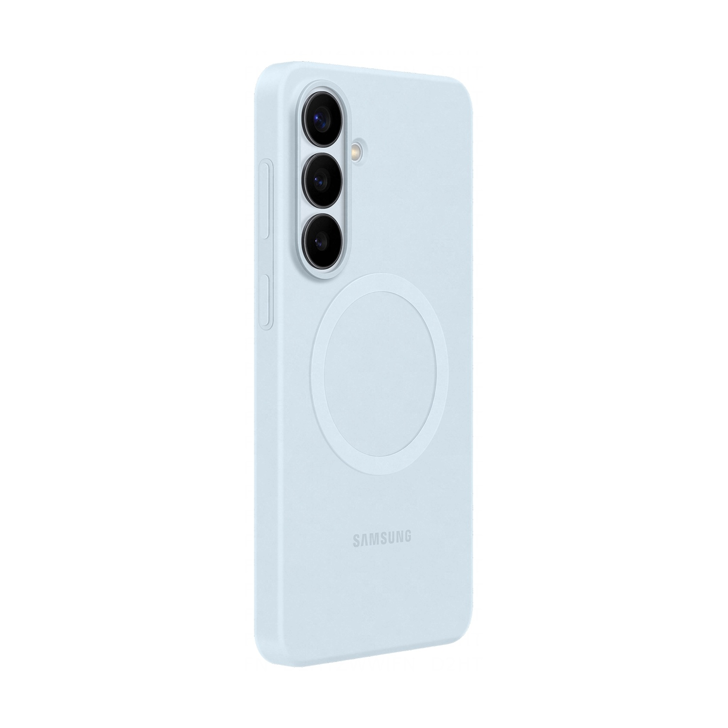 Custodia azzurra per telefono con tre fotocamere e logo Samsung.