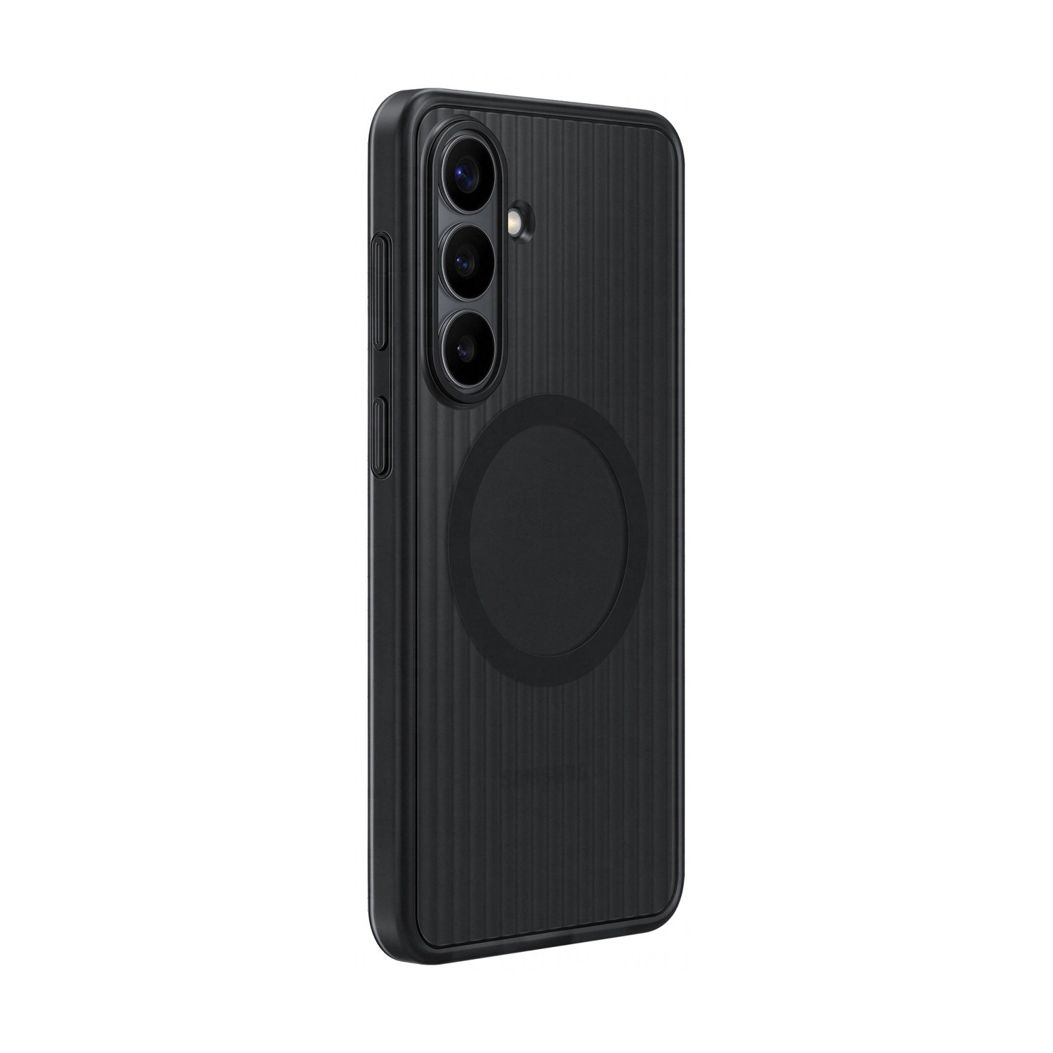 Custodia nera per telefono con texture a costine e piastra magnetica circolare.