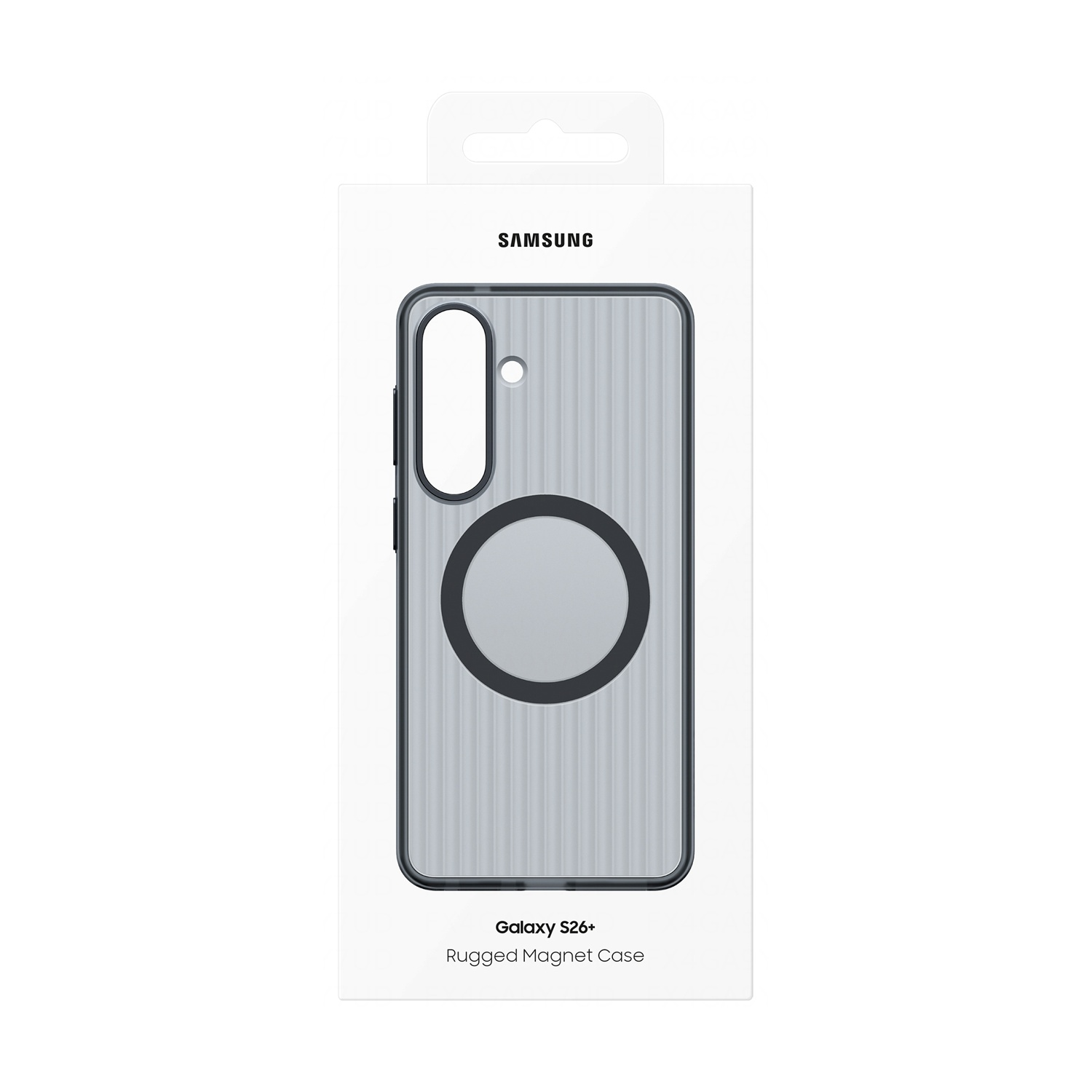 Custodia magnetica rugged Samsung Galaxy S26+ grigia con texture a coste.