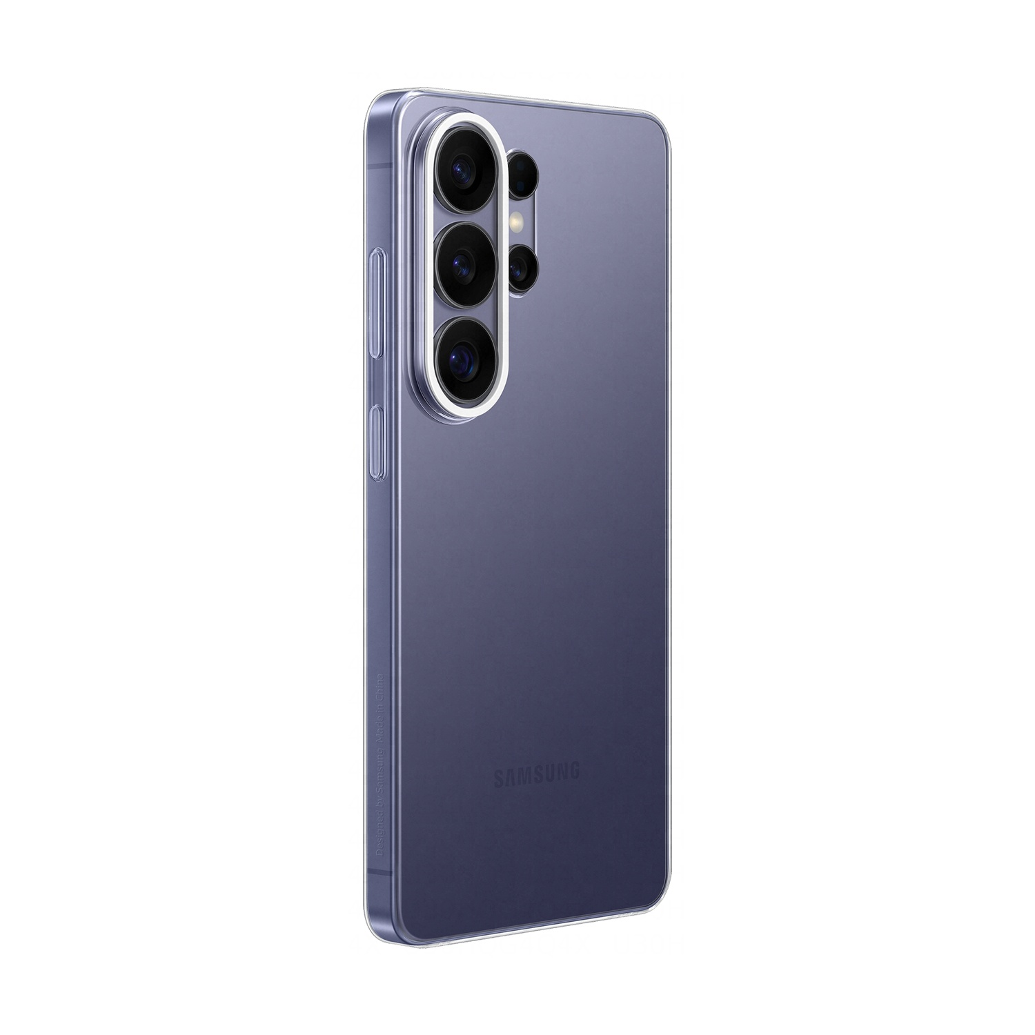 Uno smartphone viola in custodia trasparente con tre obiettivi sulla retro.