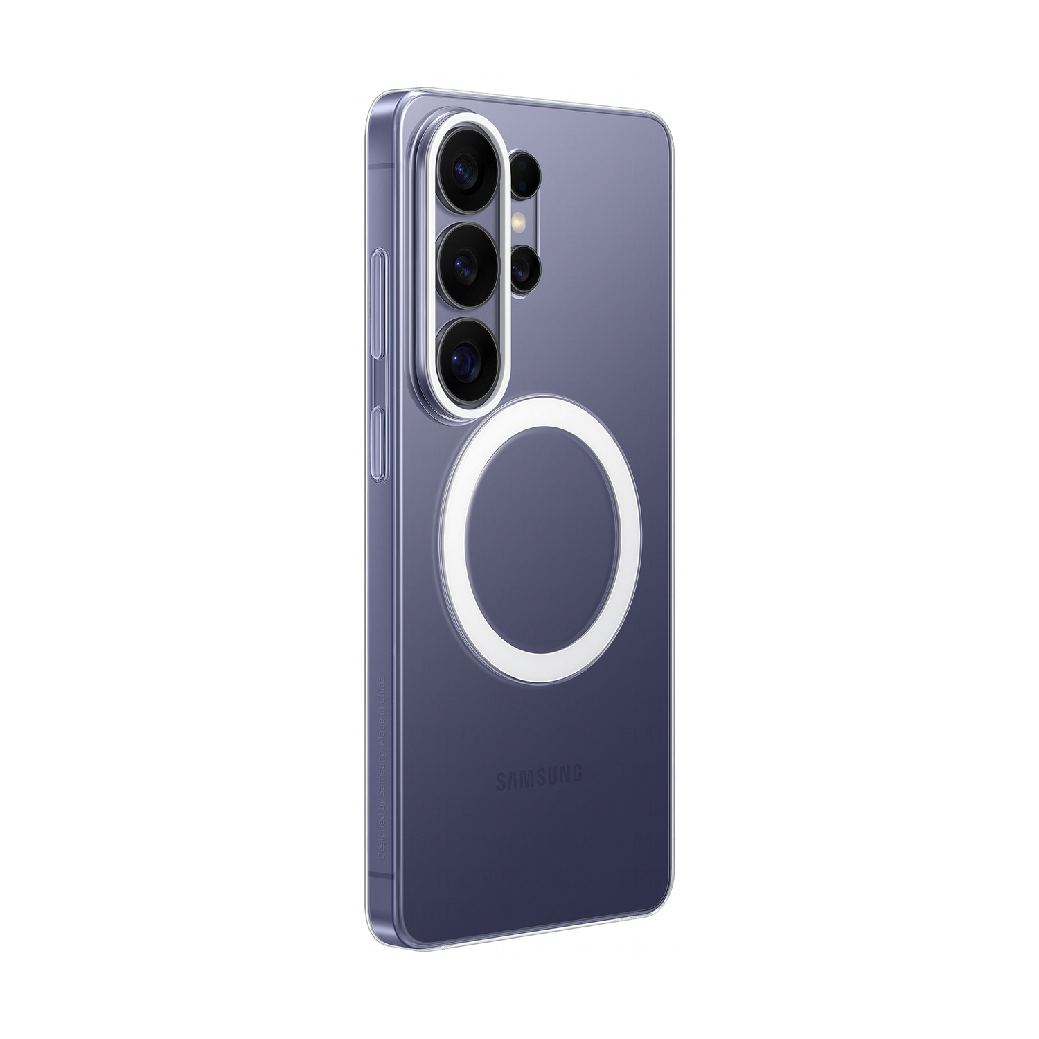 Custodia trasparente su un telefono Samsung blu con anello magnetico sul retro.